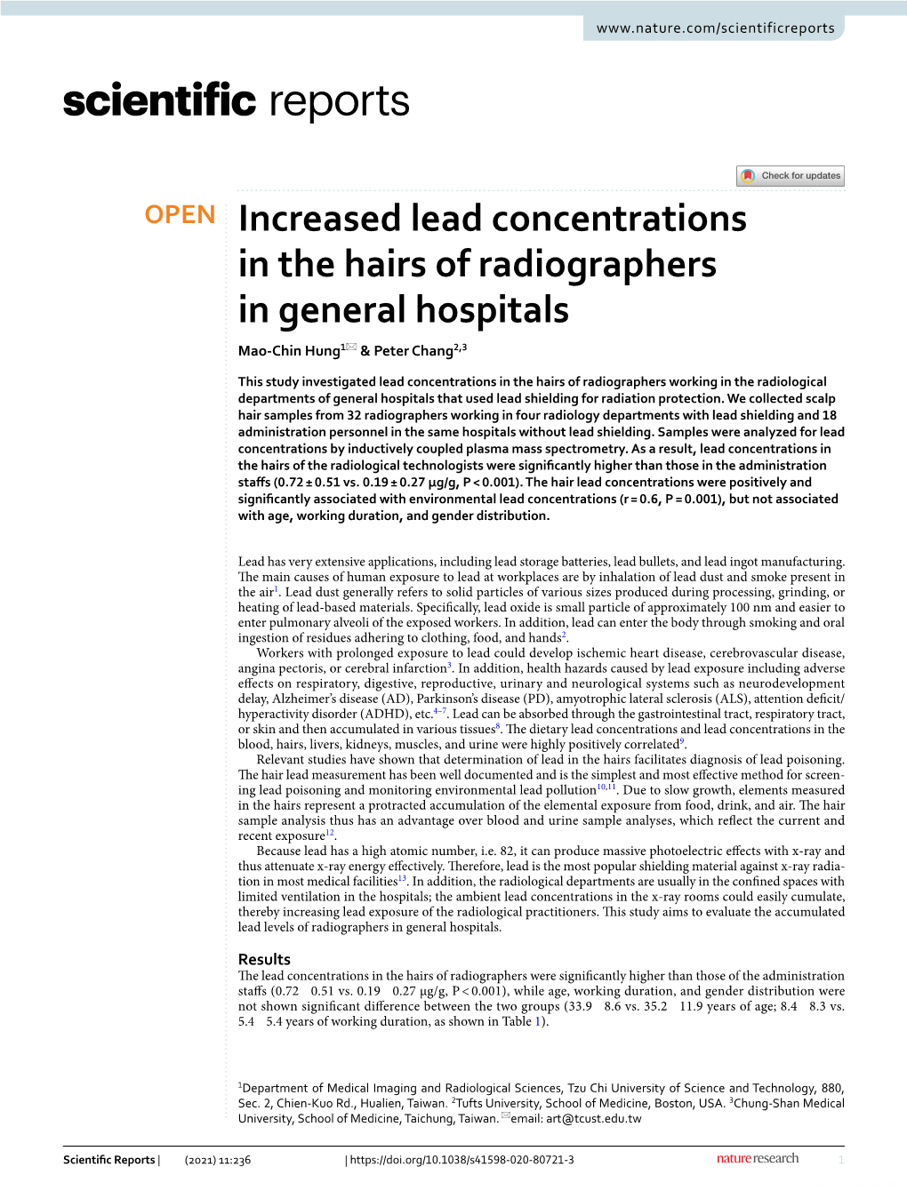 Increased Lead Concentrations in the Hairs of Radiographers in General Hospitals Mao‑Chin Hung1* & Peter Chang2,3