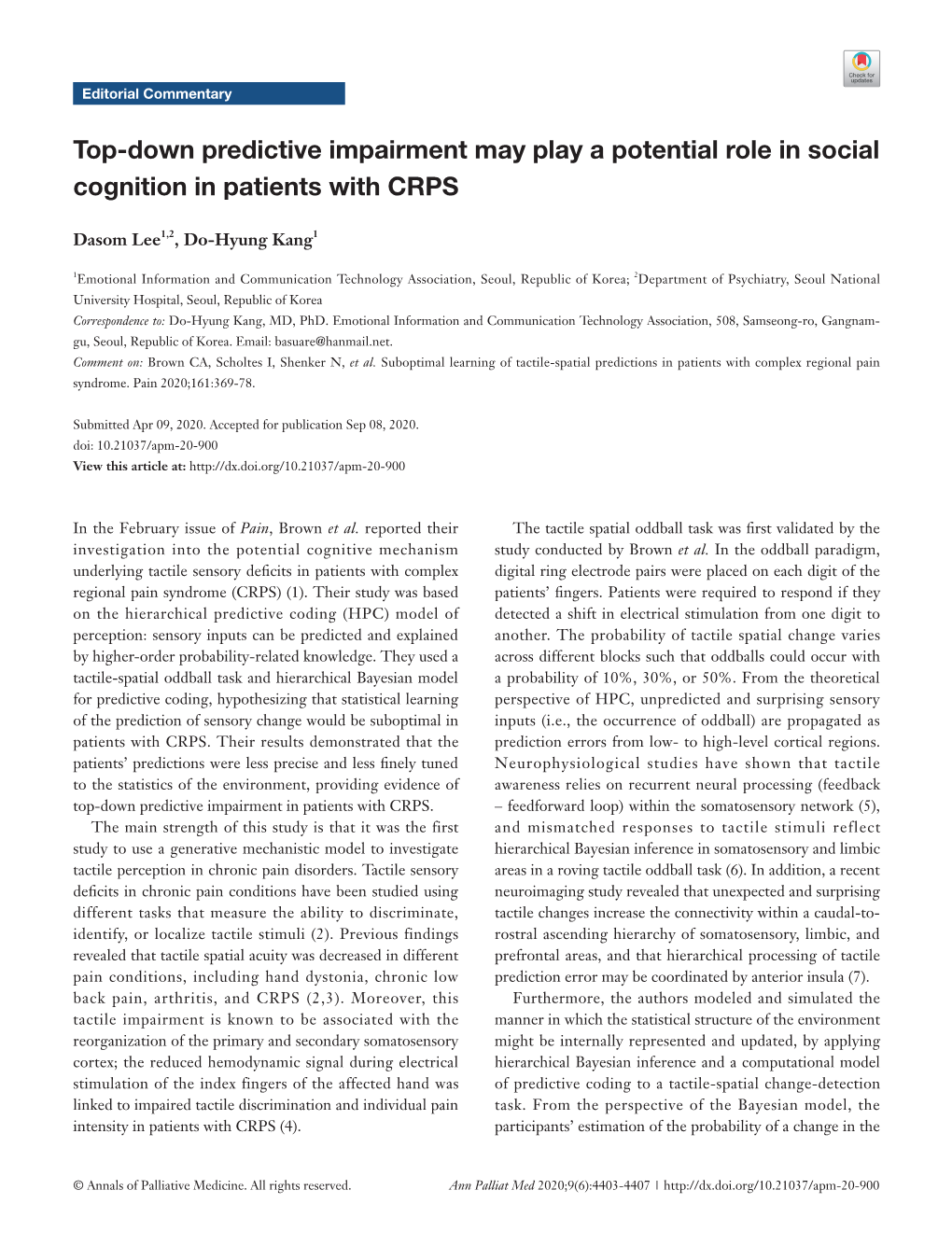 Top-Down Predictive Impairment May Play a Potential Role in Social Cognition in Patients with CRPS