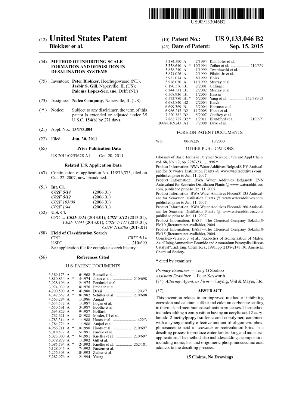 United States Patent (10) Patent No.: US 9,133,046 B2 Blokker Et Al