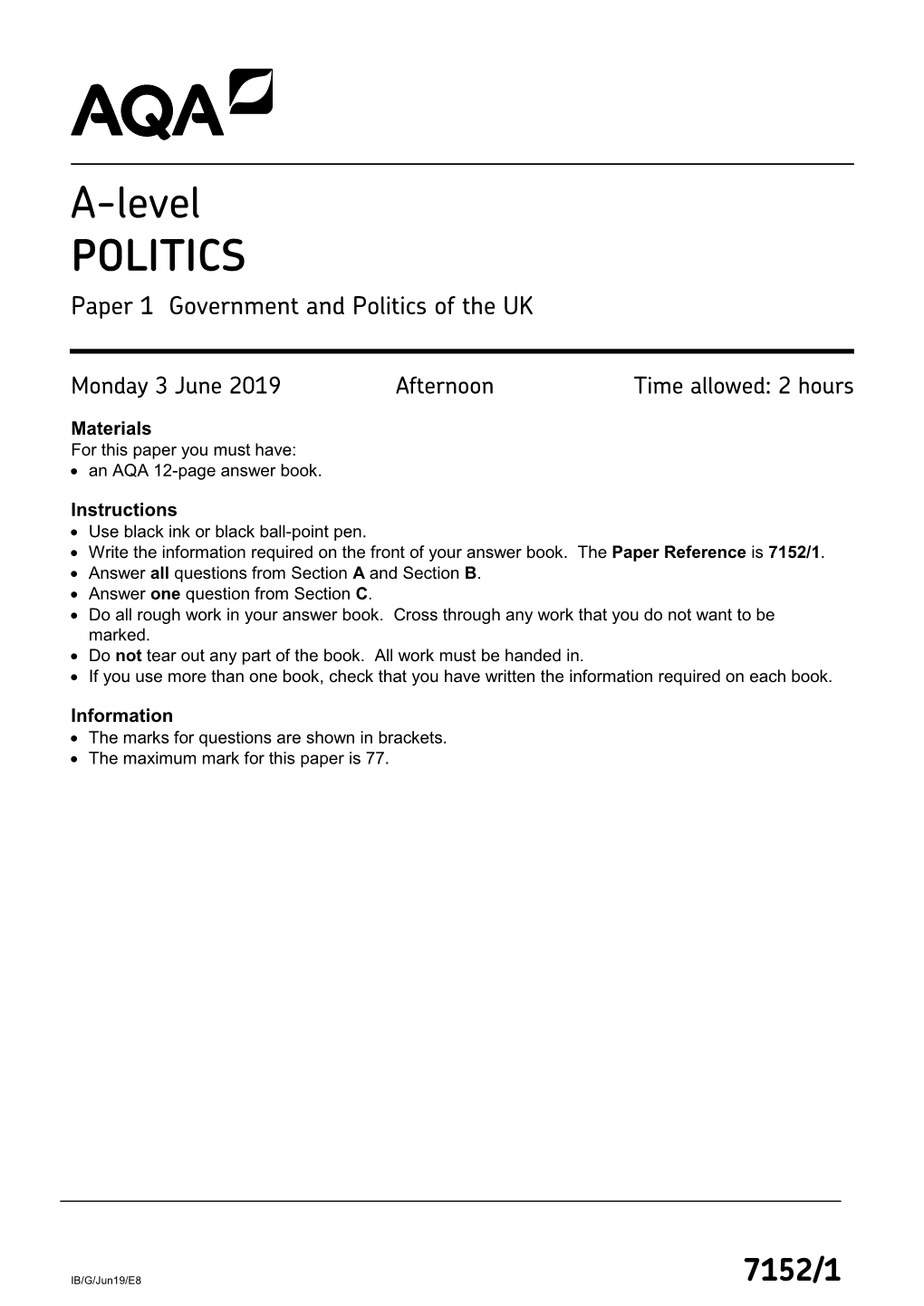 A-Level POLITICS Paper 1 Government and Politics of the UK