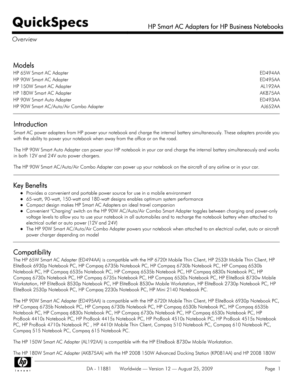 HP Smart AC Adapters for HP Business Notebooks Overview