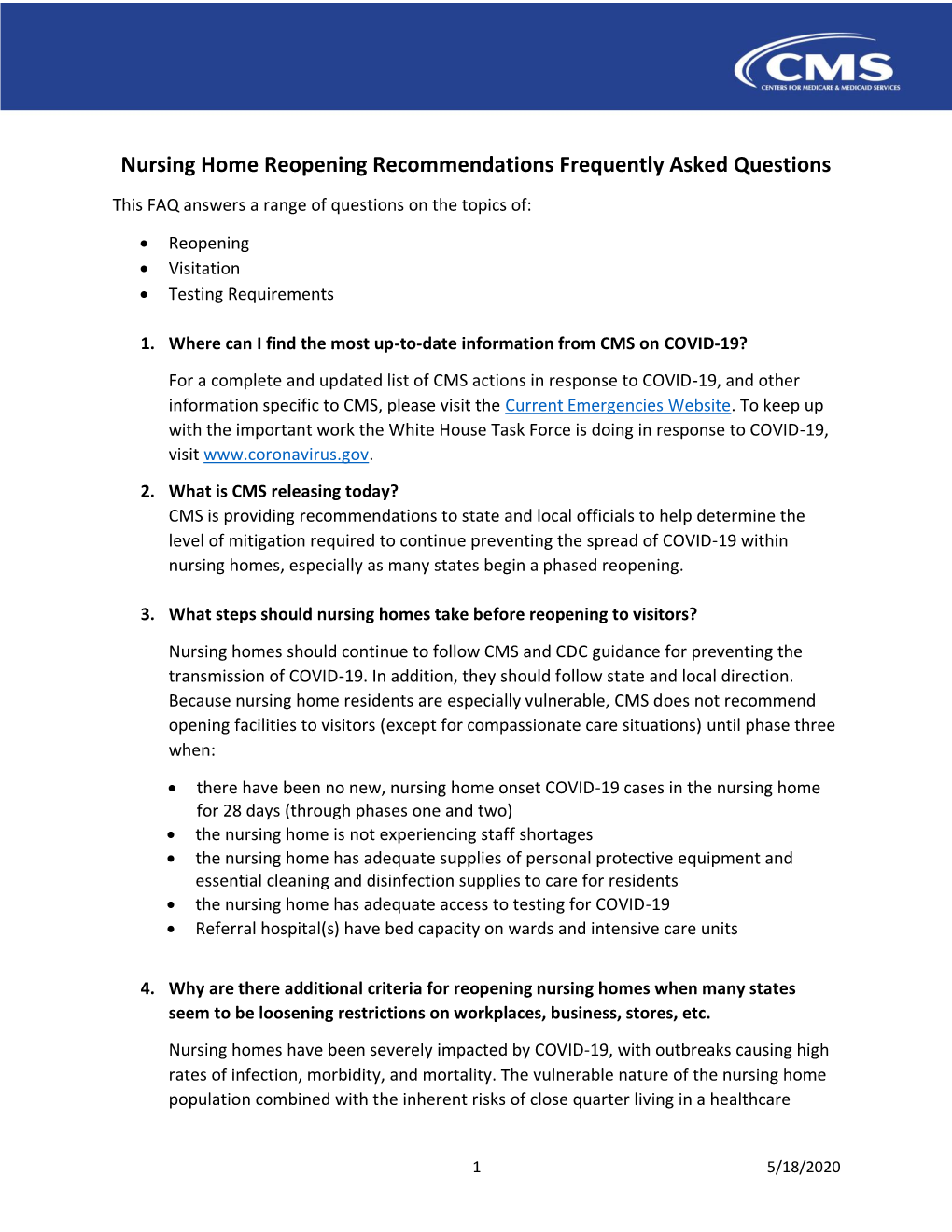 Nursing Home Reopening Recommendations Faqs