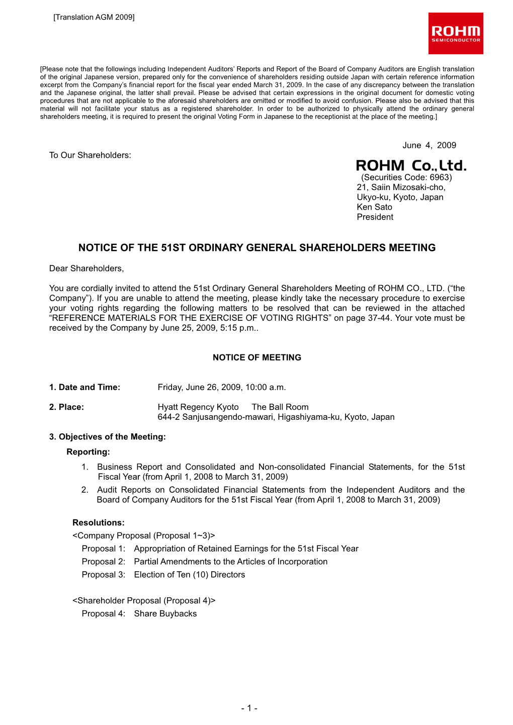 Notice of the 51St Ordinary General Shareholders Meeting