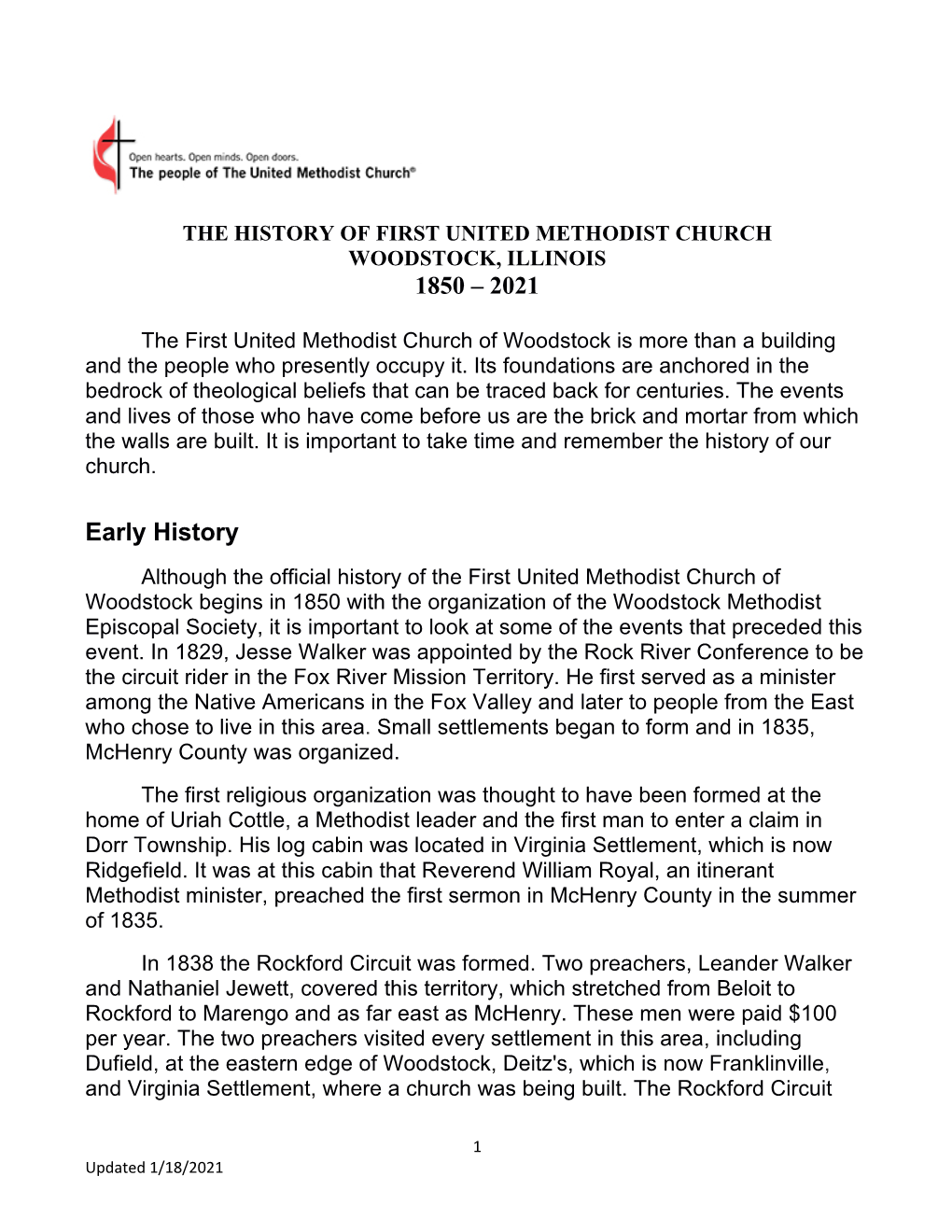 The History of First United Methodist Church Woodstock, Illinois 1850 – 2021