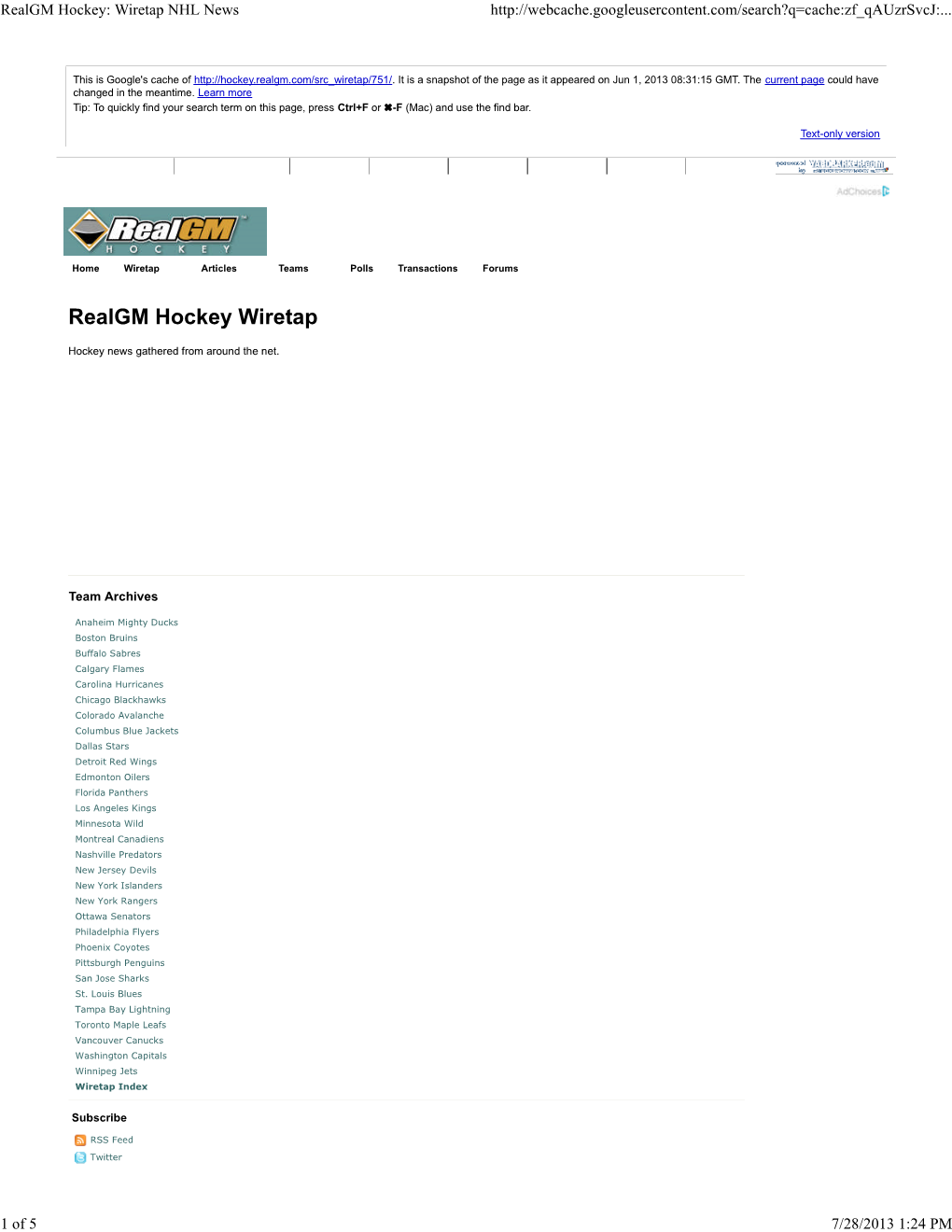 Realgm Hockey: Wiretap NHL News