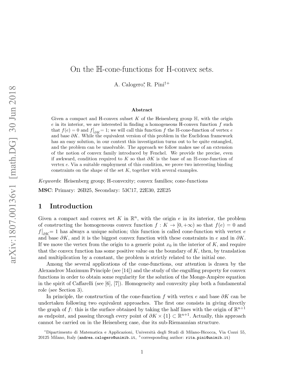 On the ${\Mathbb H} $-Cone-Functions for H-Convex Sets