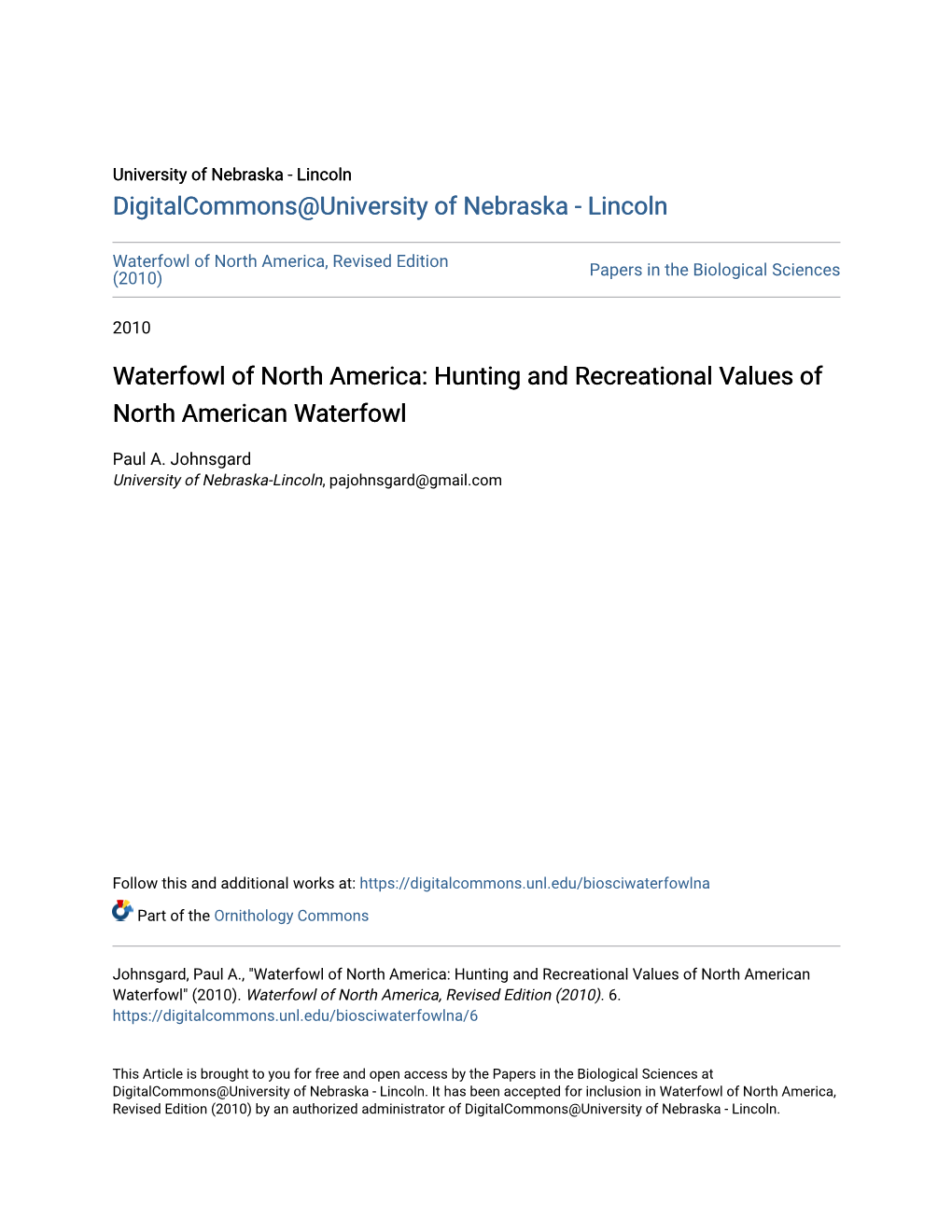 Hunting and Recreational Values of North American Waterfowl