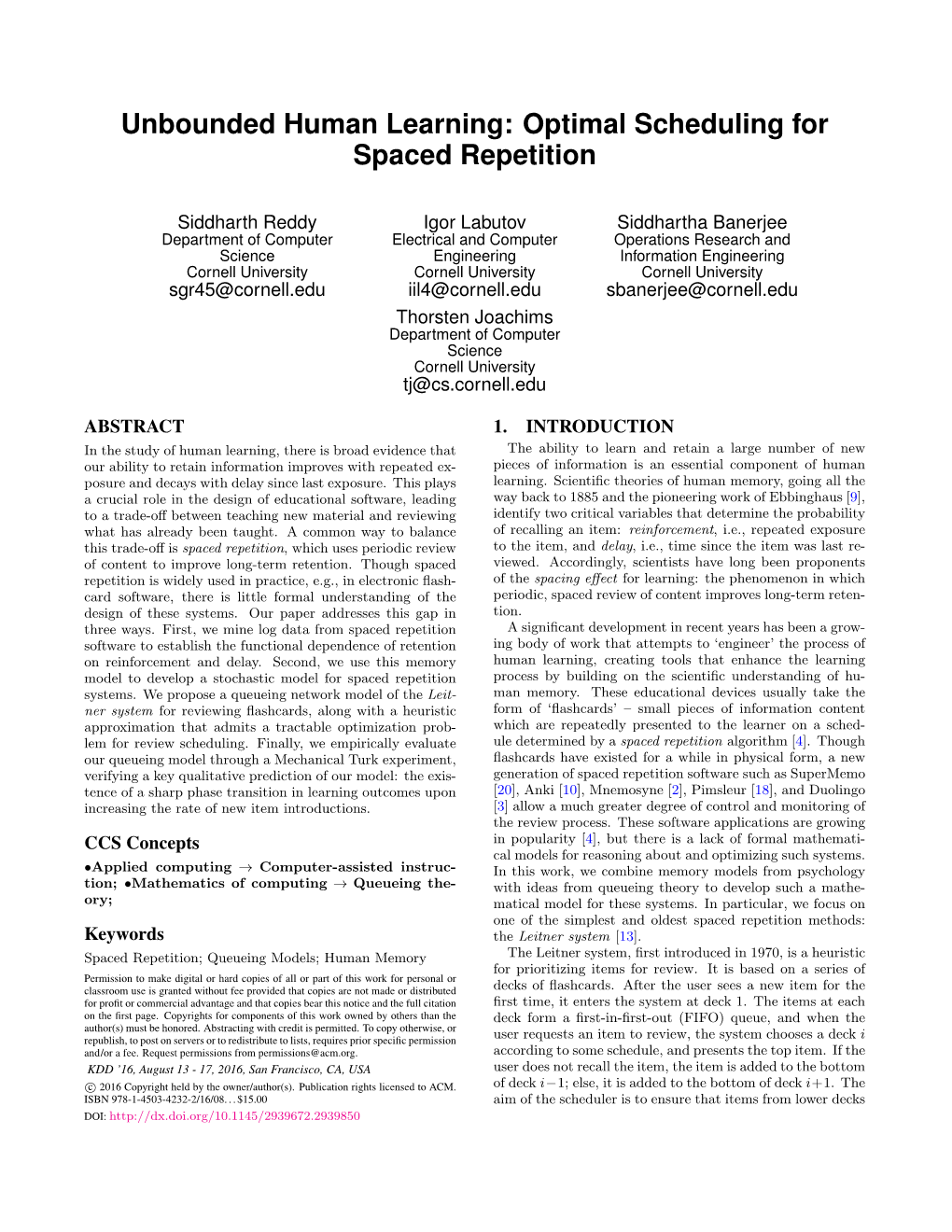 Unbounded Human Learning: Optimal Scheduling for Spaced Repetition