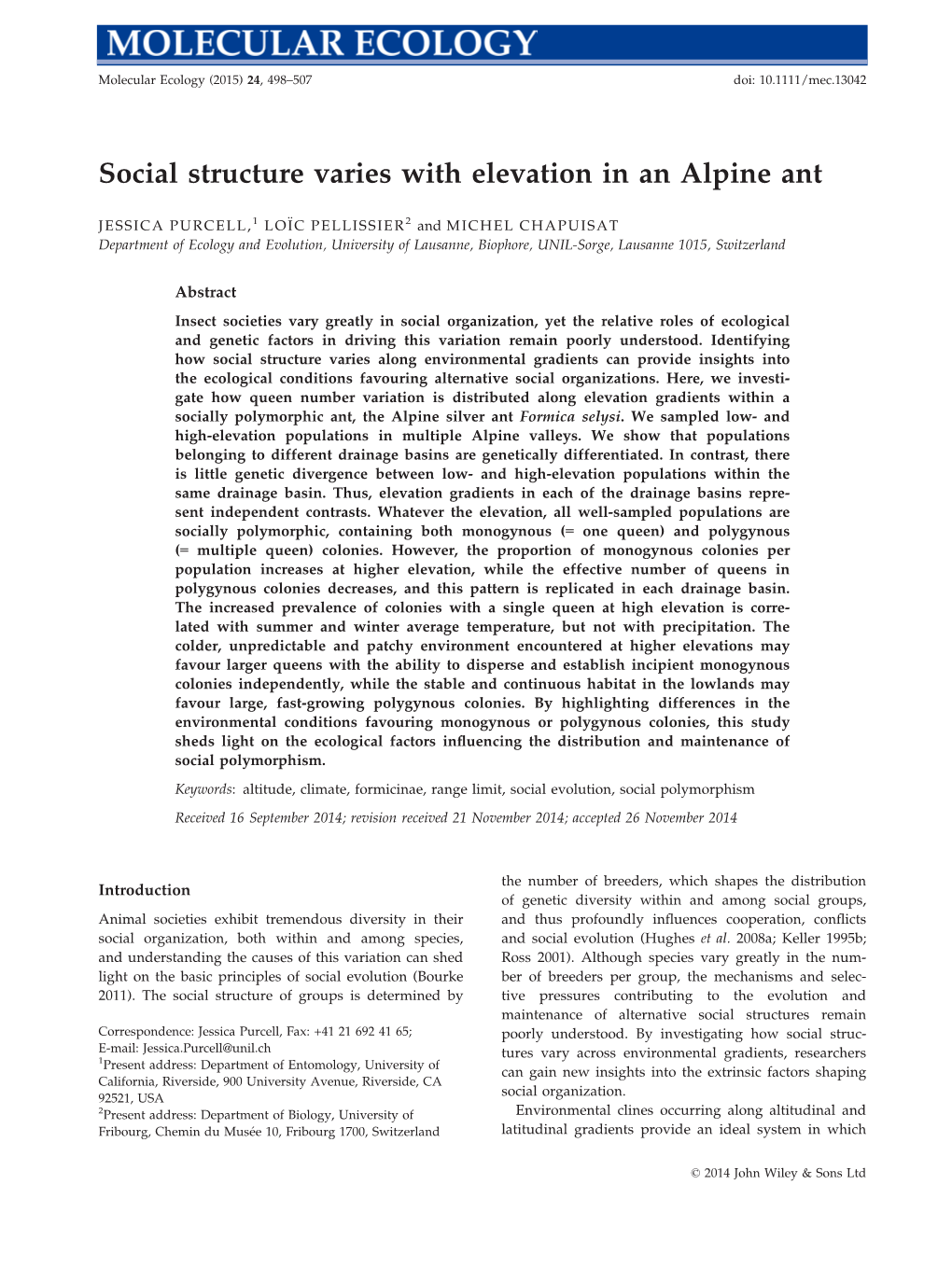 Social Structure Varies with Elevation in an Alpine Ant