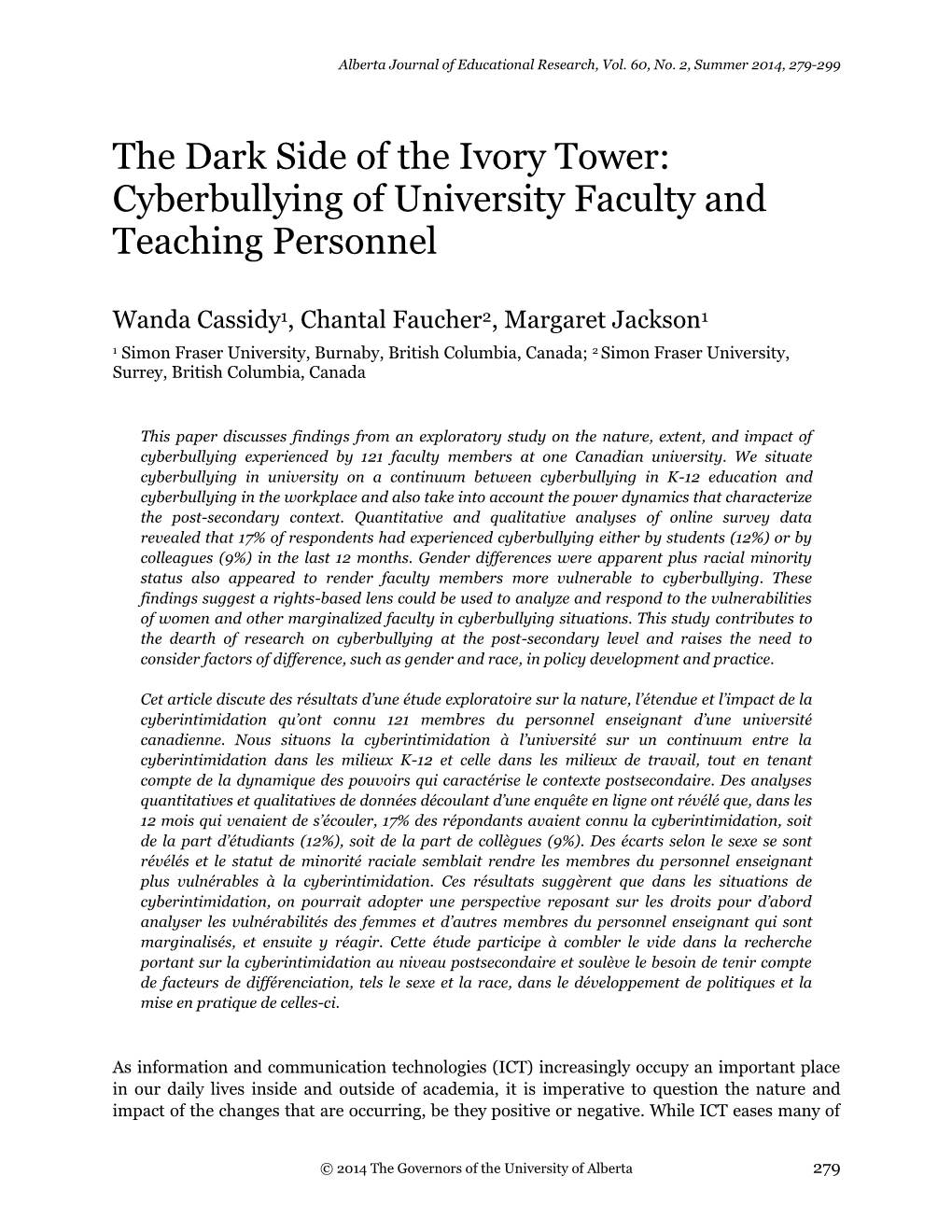 Cyberbullying of University Faculty and Teaching Personnel