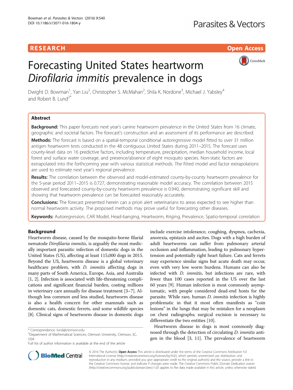 Forecasting United States Heartworm Dirofilaria Immitis Prevalence in Dogs Dwight D