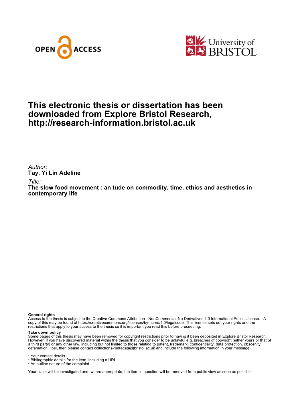 This Electronic Thesis Or Dissertation Has Been Downloaded from Explore Bristol Research