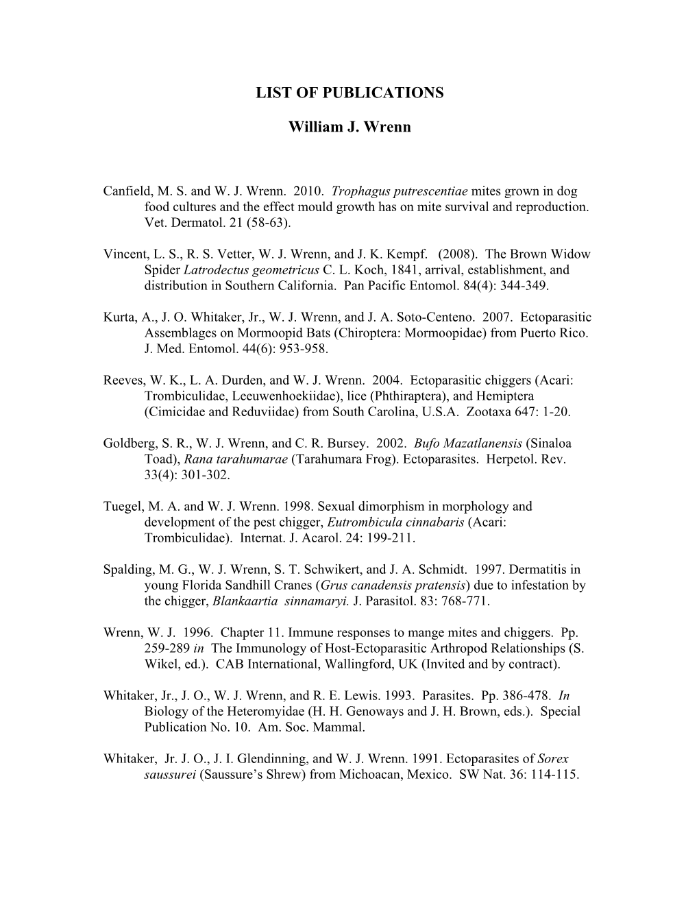 LIST of PUBLICATIONS William J. Wrenn