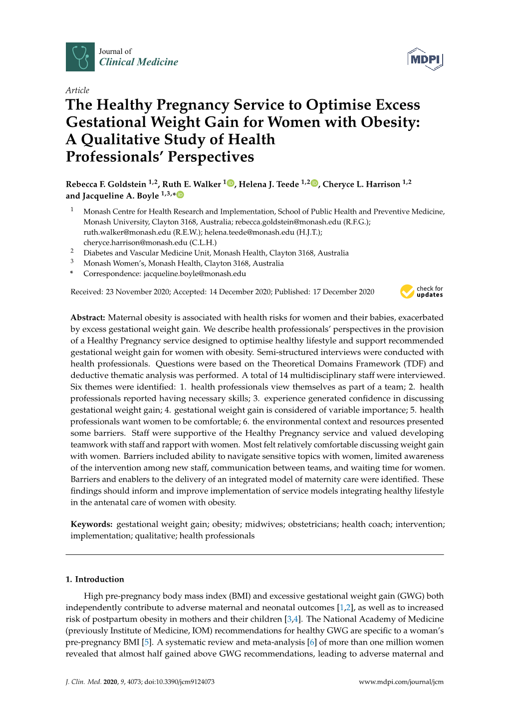 The Healthy Pregnancy Service to Optimise Excess Gestational Weight Gain for Women with Obesity: a Qualitative Study of Health Professionals’ Perspectives