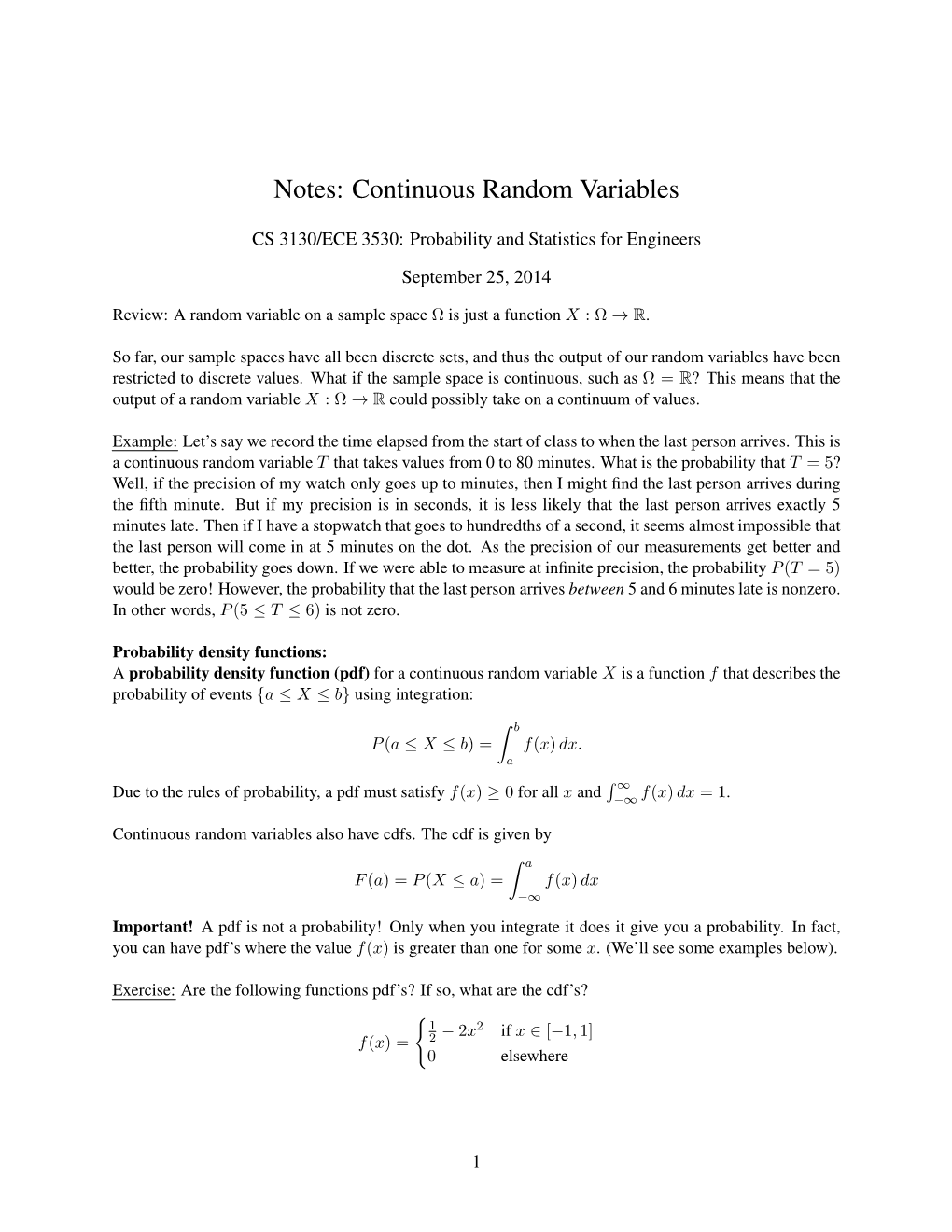 Notes: Continuous Random Variables