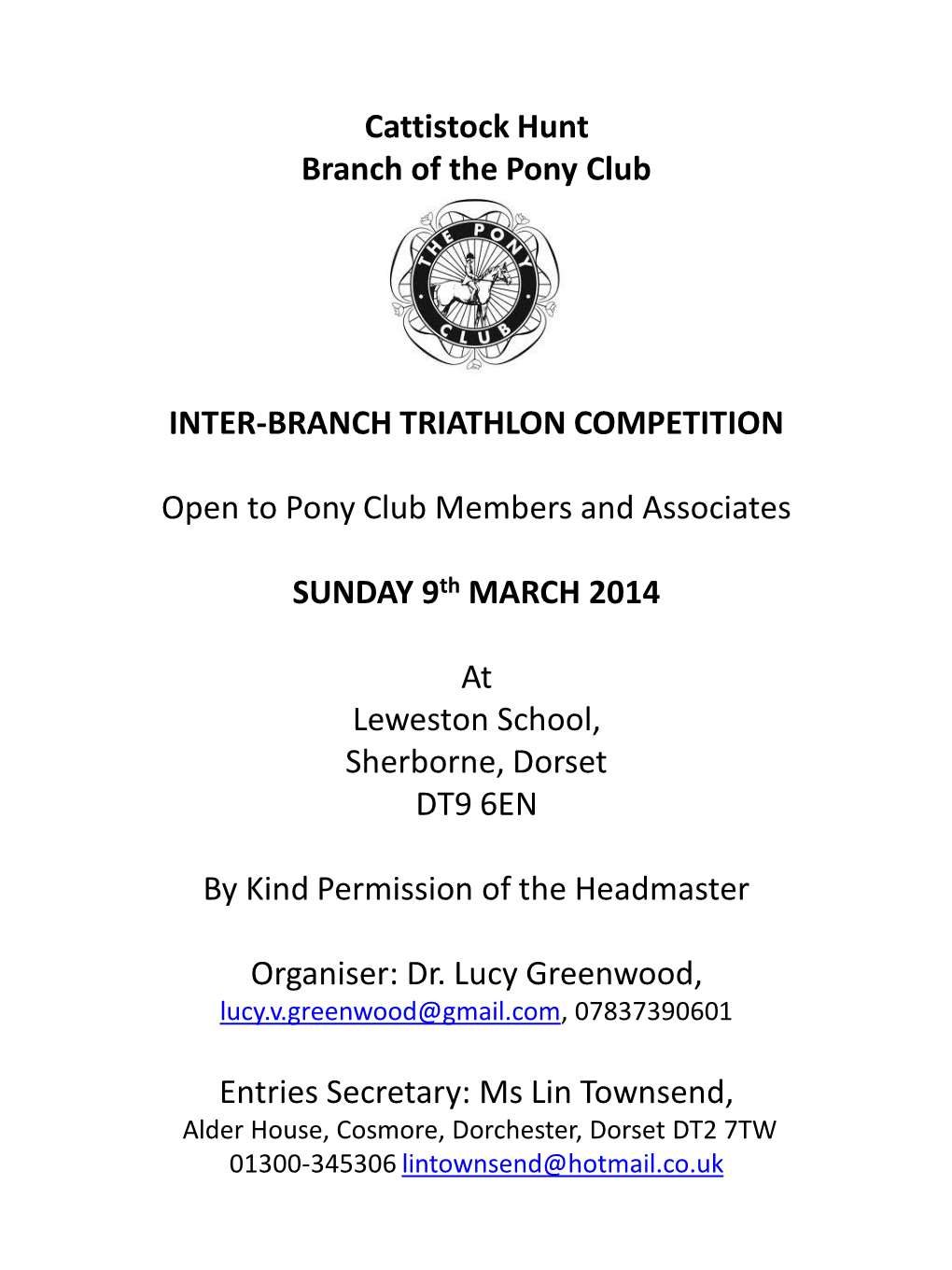 Cattistock Hunt Branch of the Pony Club INTER-BRANCH