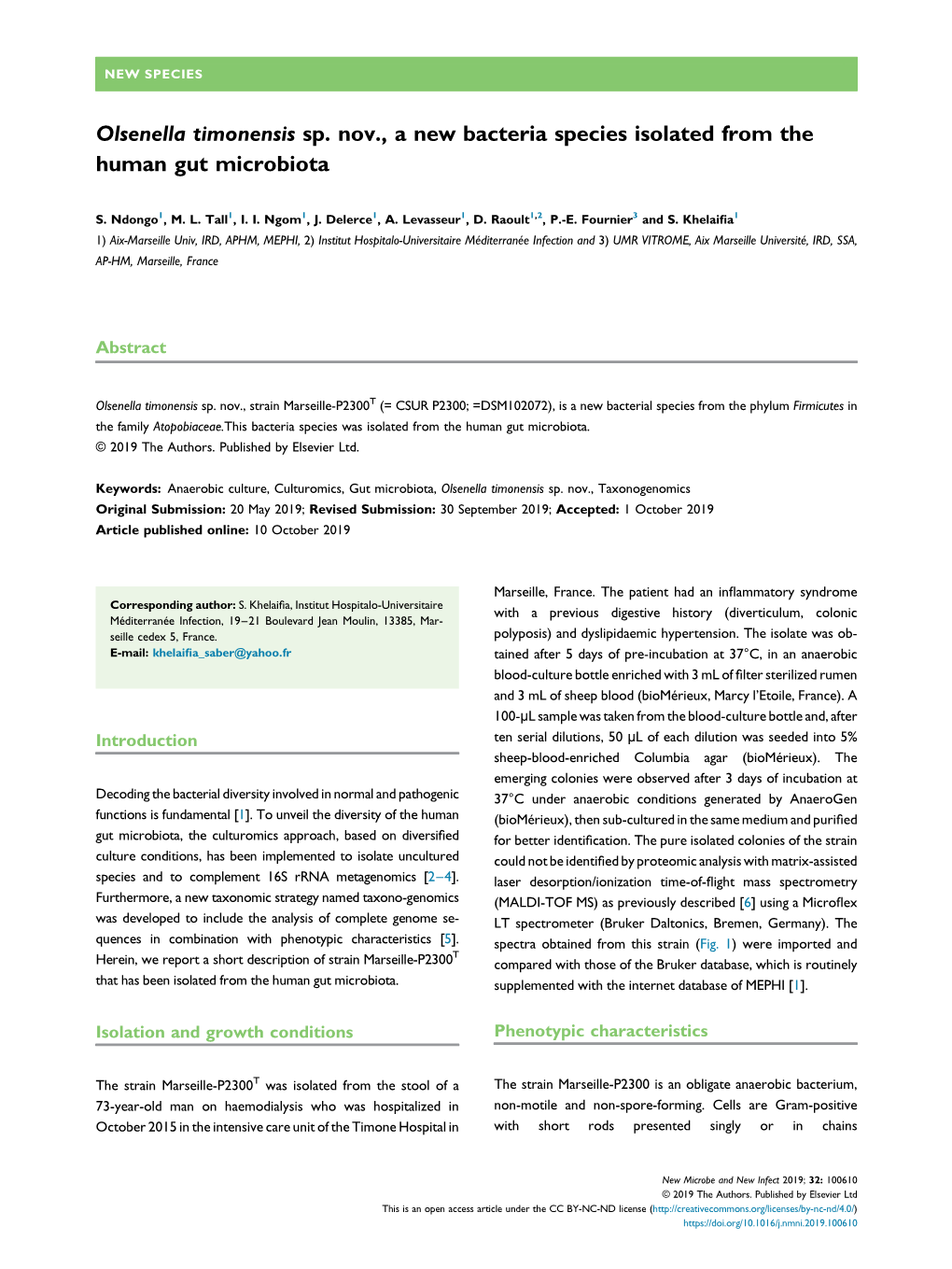 Olsenella Timonensis Sp. Nov., a New Bacteria Species Isolated from the Human Gut Microbiota