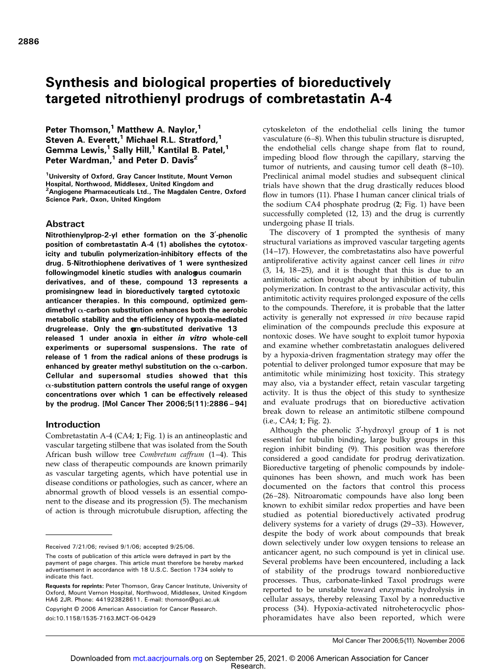 Synthesis and Biological Properties of Bioreductively Targeted Nitrothienyl Prodrugs of Combretastatin A-4