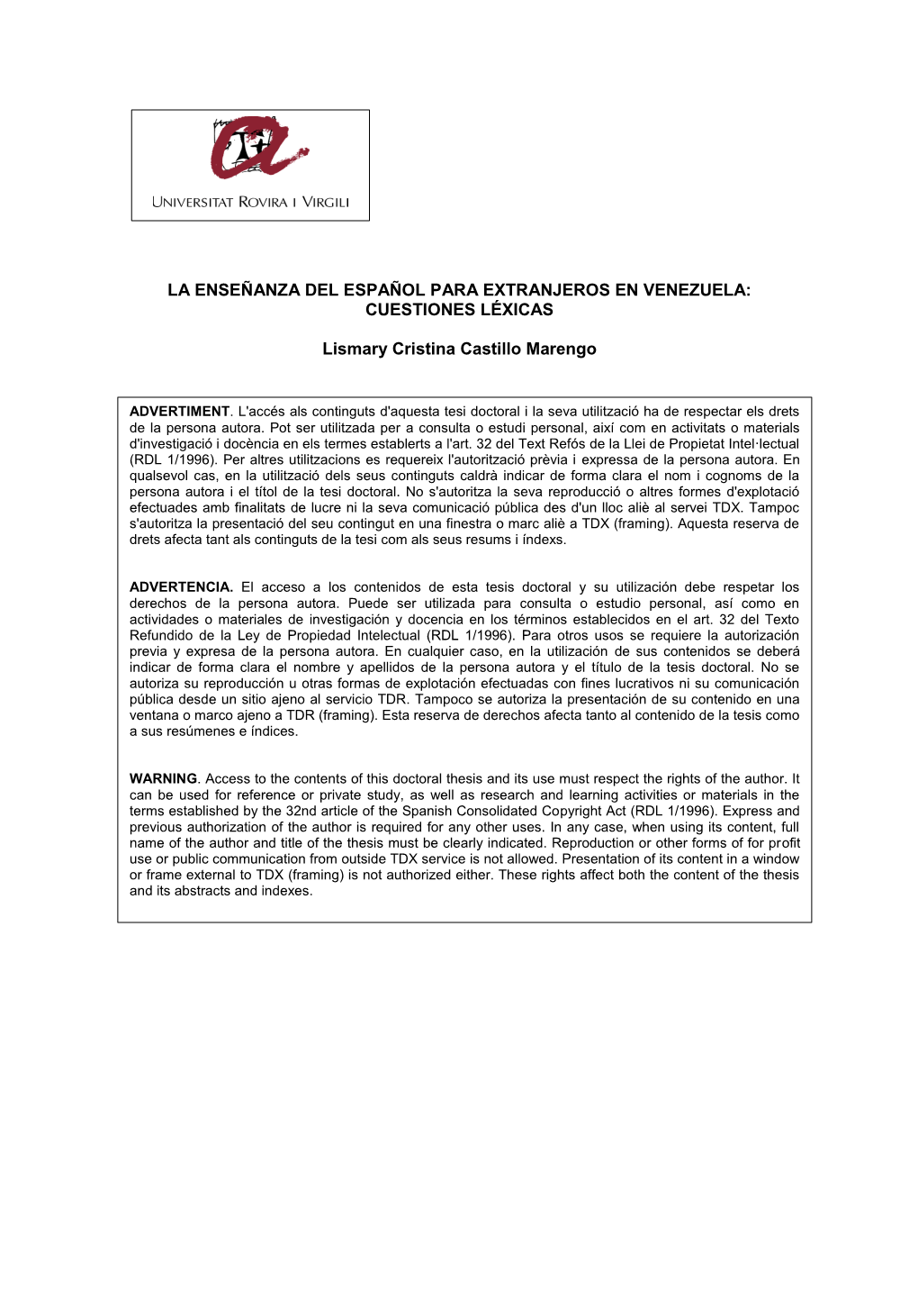 CUESTIONES LÉXICAS Lismary Cristina Castillo Marengo