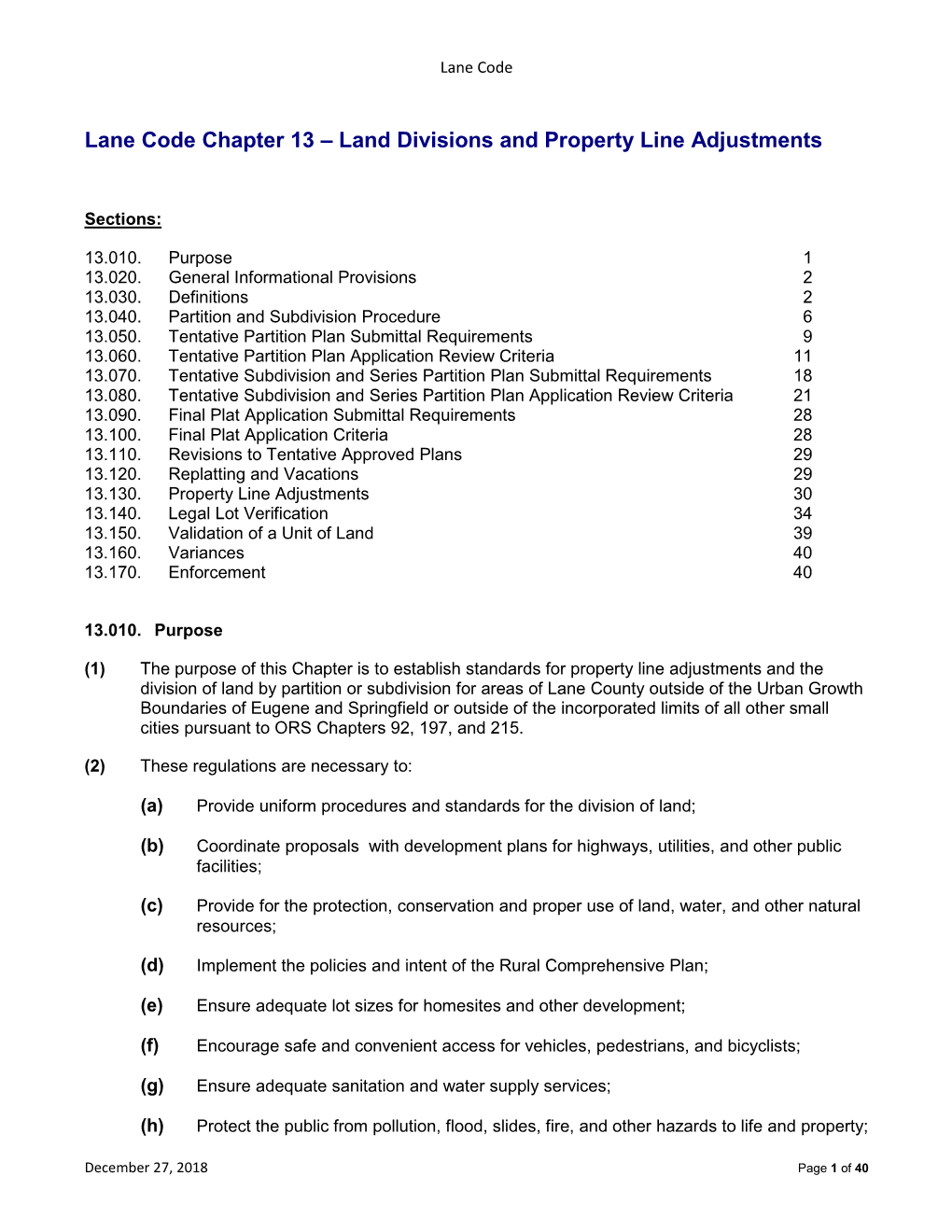 Lane Code Chapter 13 – Land Divisions and Property Line Adjustments