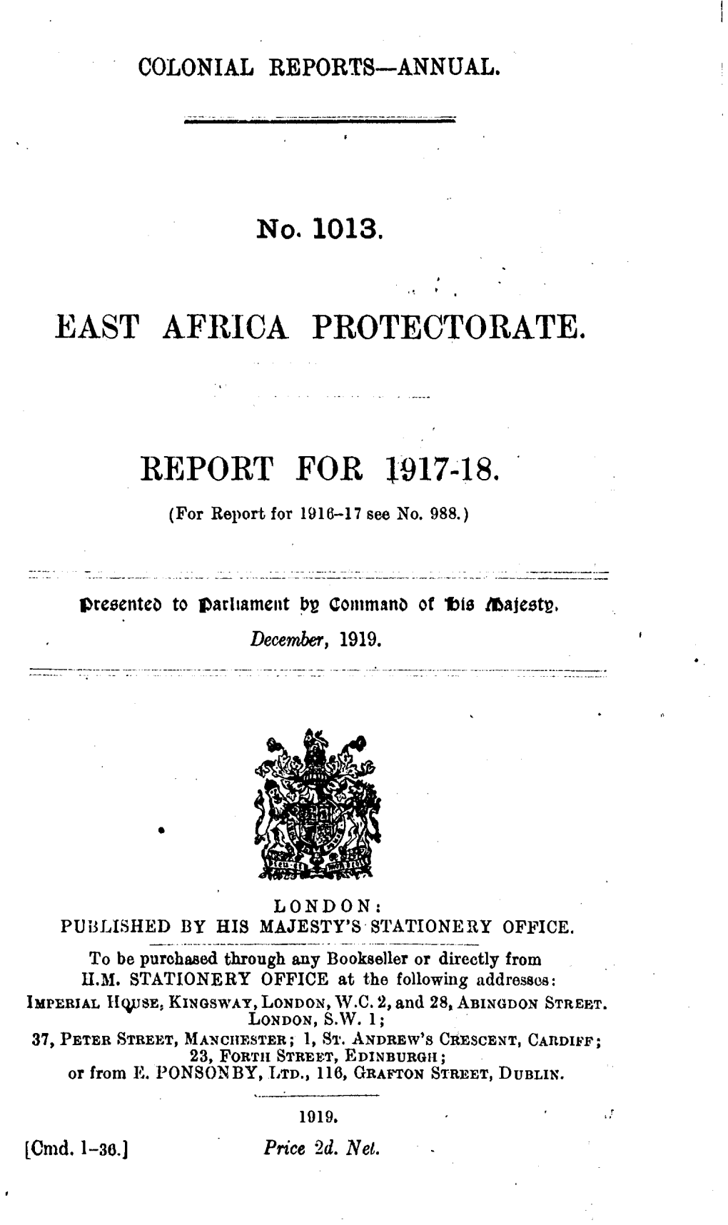 Annual Report of the Colonies, East Africa Protectorate, Kenya, 1917-18