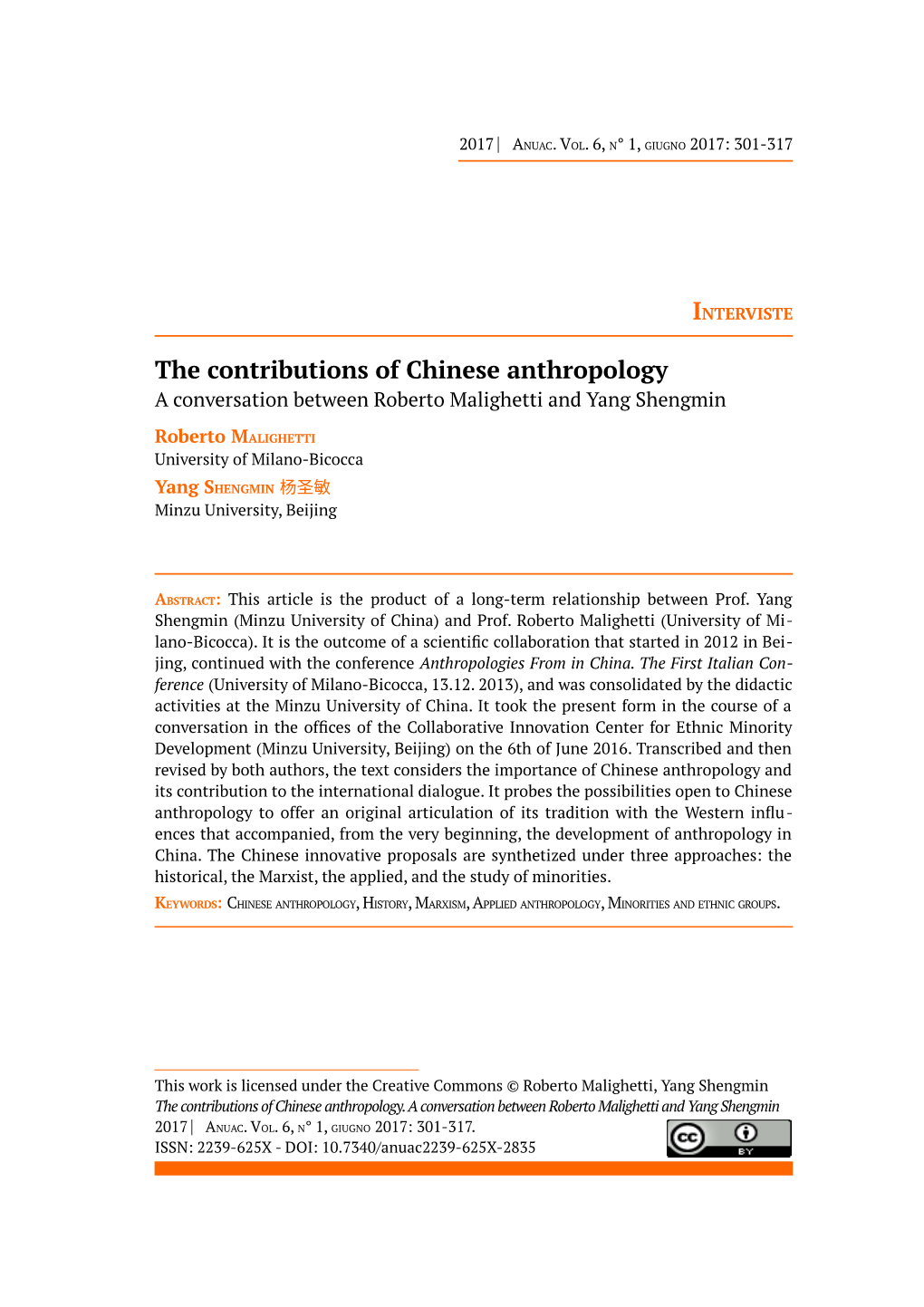 The Contributions of Chinese Anthropology a Conversation Between Roberto Malighetti and Yang Shengmin