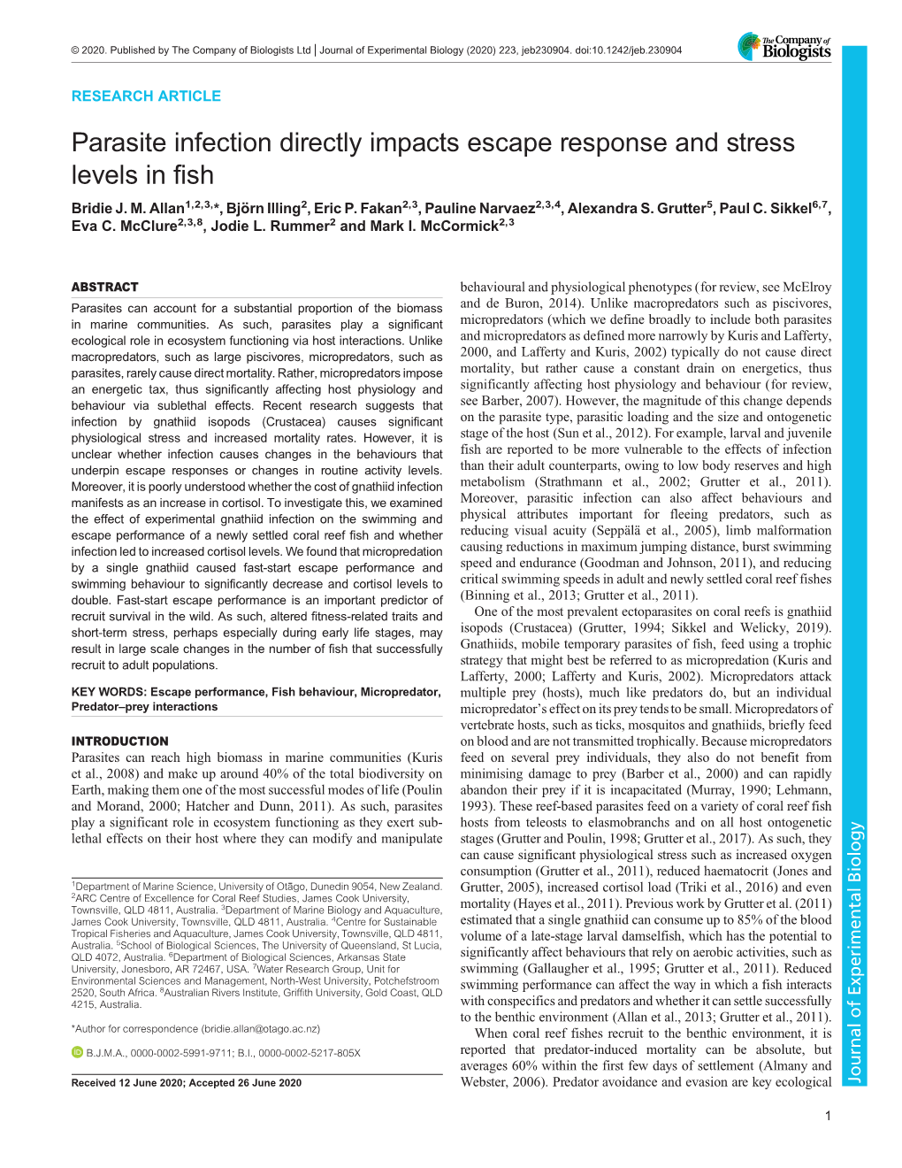 Parasite Infection Directly Impacts Escape Response and Stress Levels in Fish Bridie J