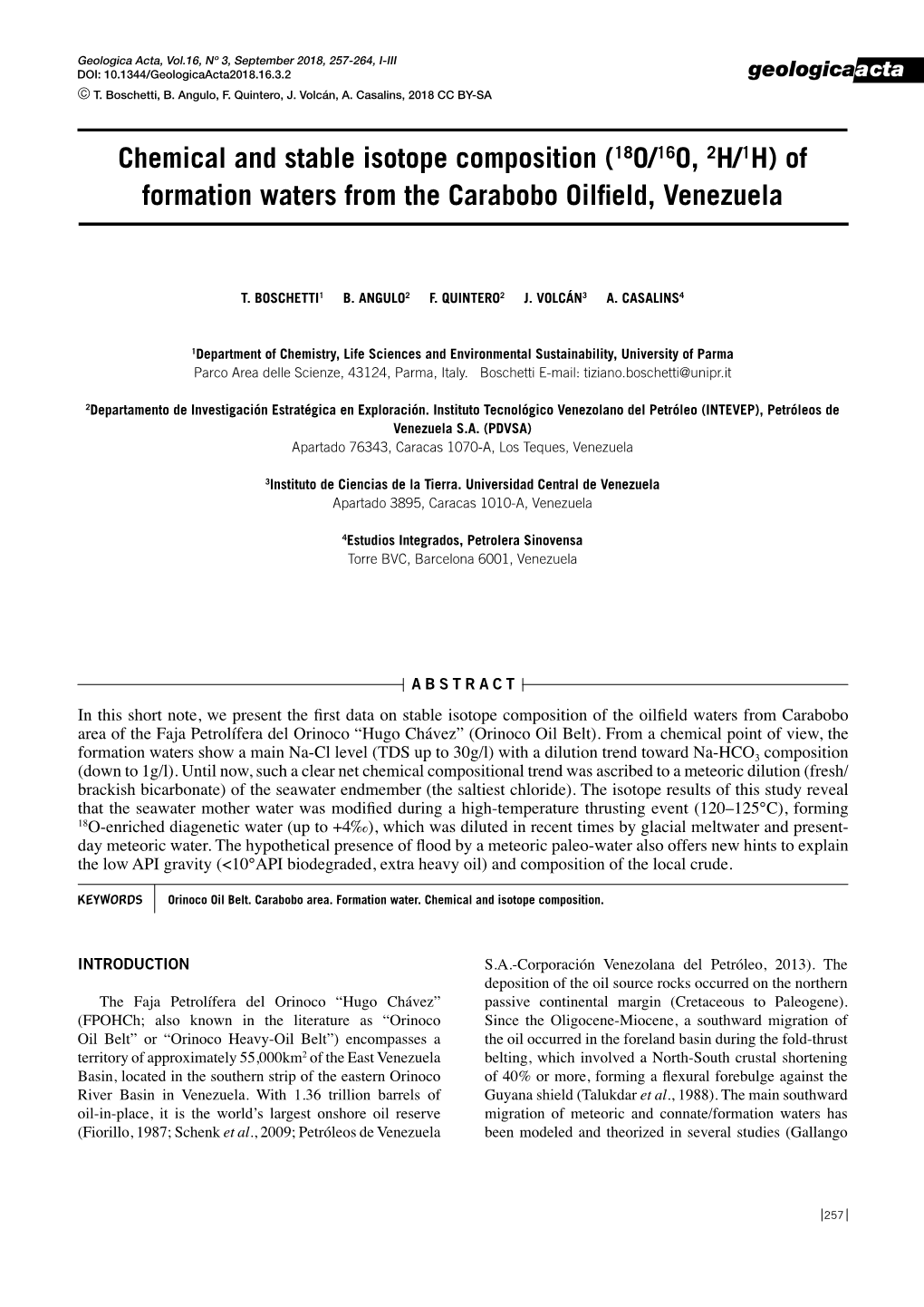 Of Formation Waters from the Carabobo Oilfield, Venezuela