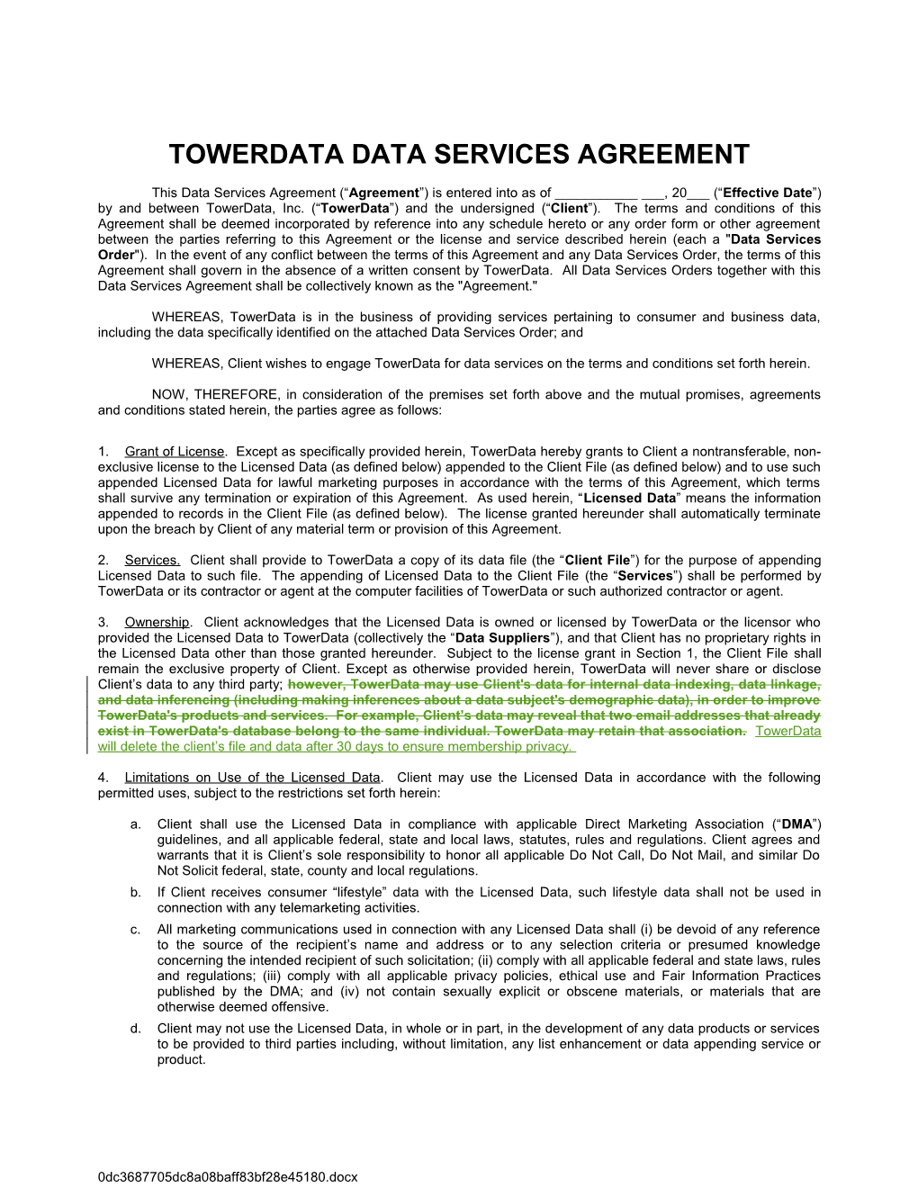 Towerdata Data Services Agreement