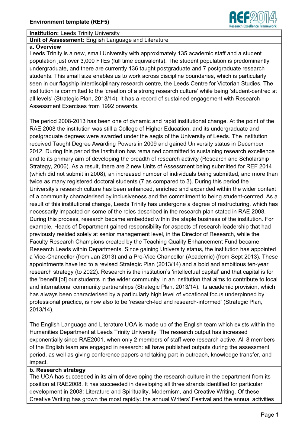 Environment Template (REF5) Page 1 Institution: Leeds Trinity University