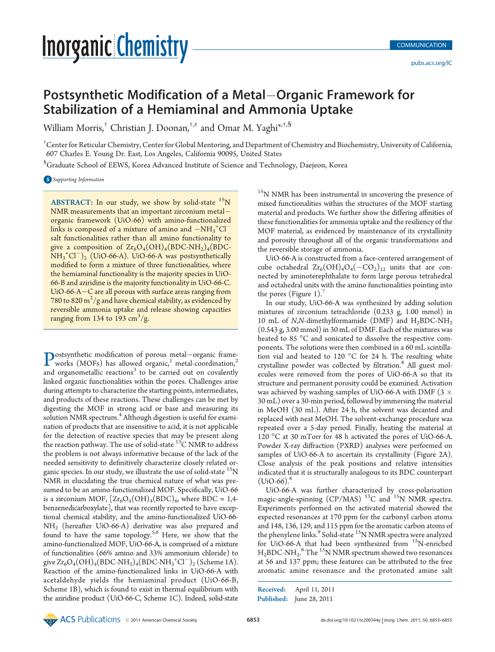 Postsynthetic Modification of a Metalаorganic Framework for Stabilization of a Hemiaminal and Ammonia Uptake