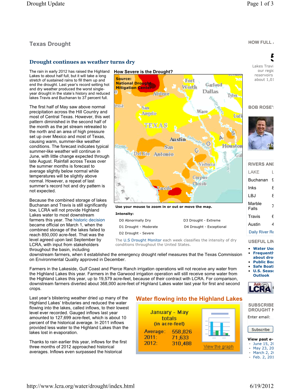 Water Flowing Into the Highland Lakes Texas Drought Page 1 of 3 Drought Update 6/19/2012