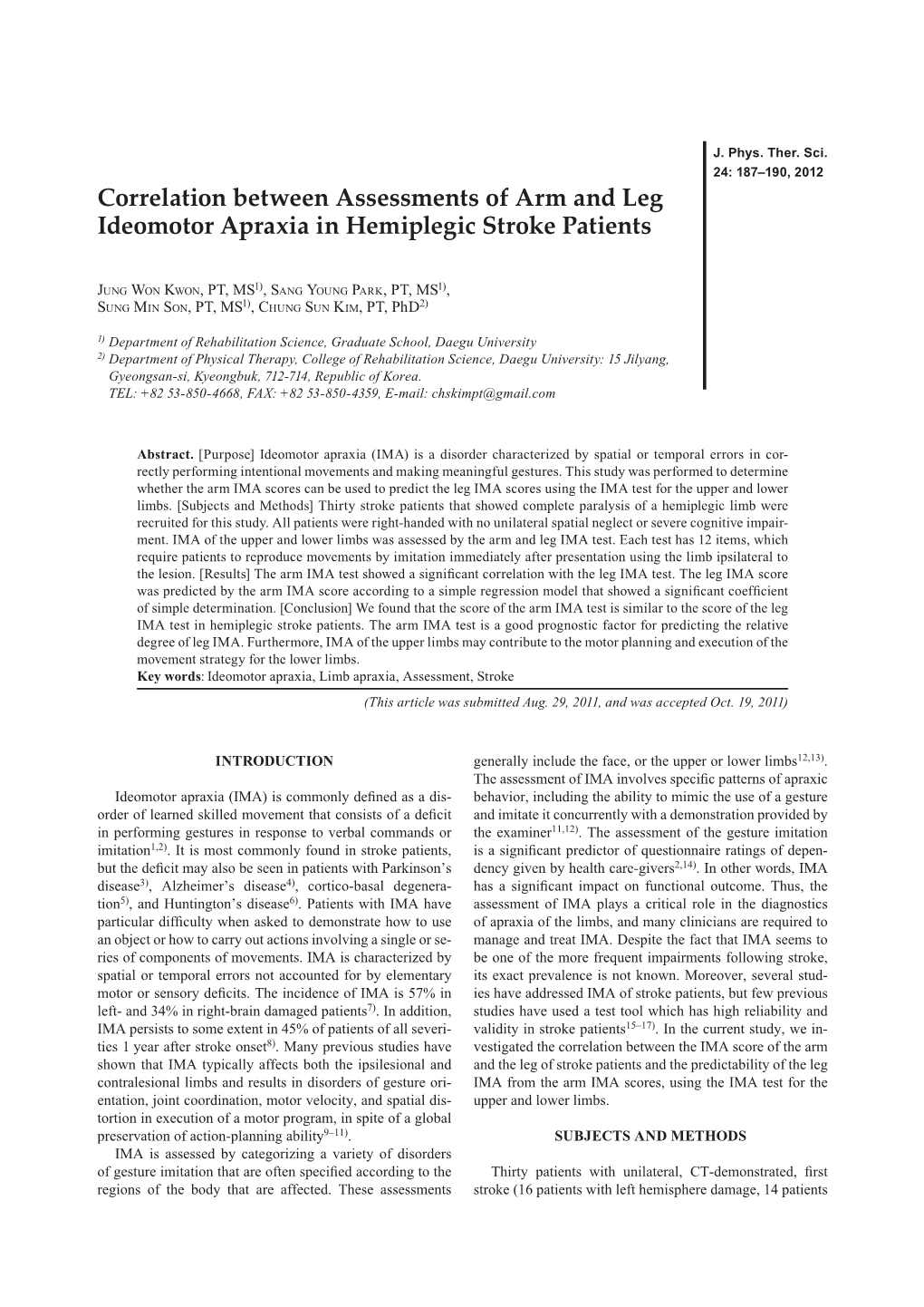 Correlation Between Assessments of Arm and Leg Ideomotor Apraxia in Hemiplegic Stroke Patients