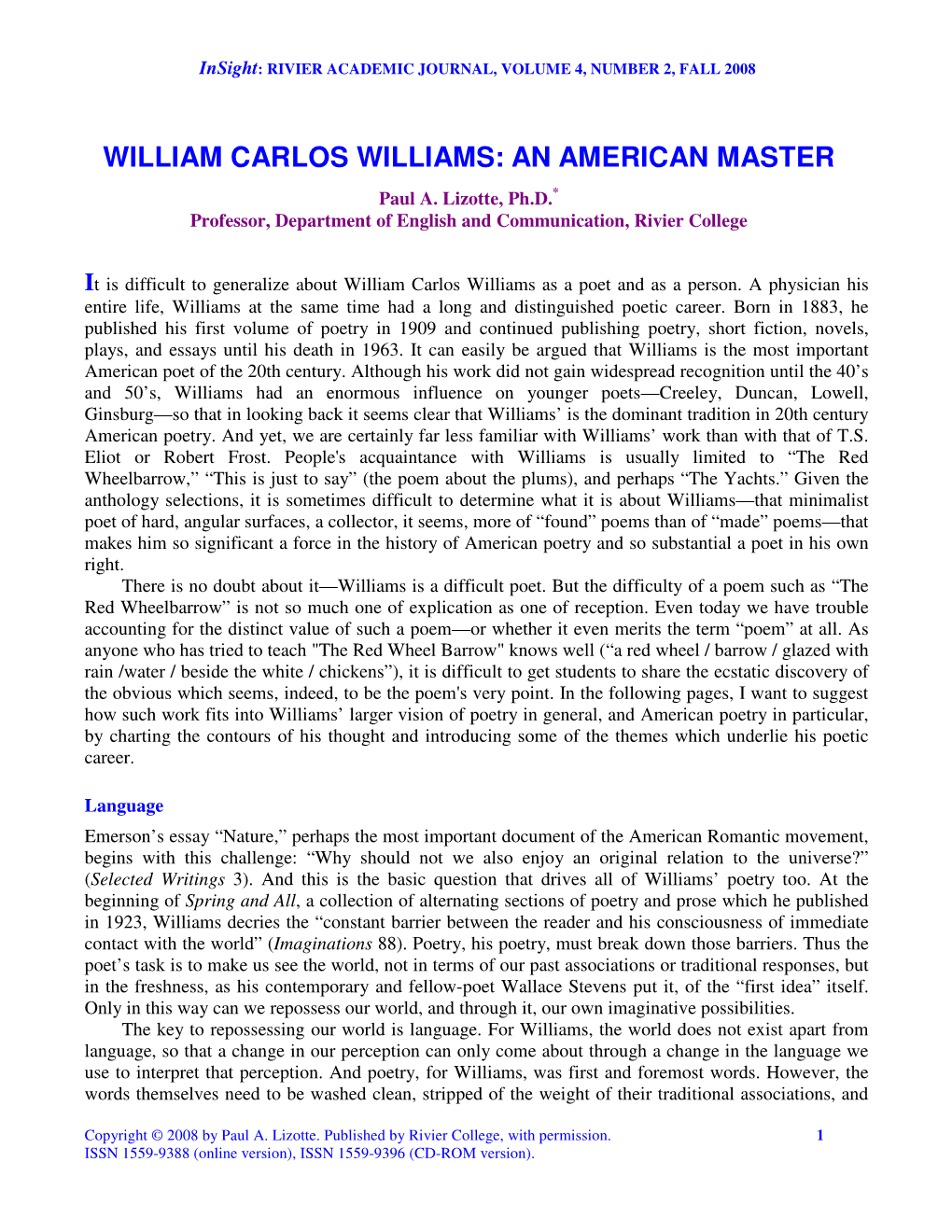 William Carlos Williams: an American Master