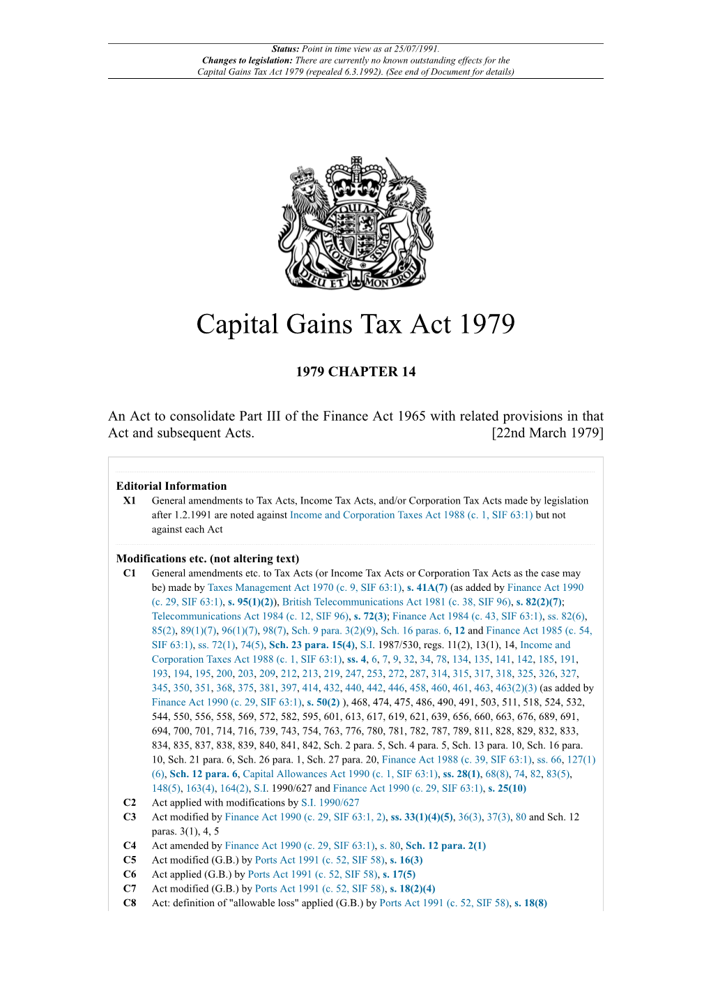 Capital Gains Tax Act 1979 (Repealed 6.3.1992)