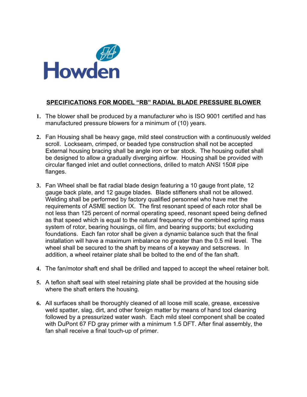 Specifications for Model Rb Radial Blade Pressure Blower