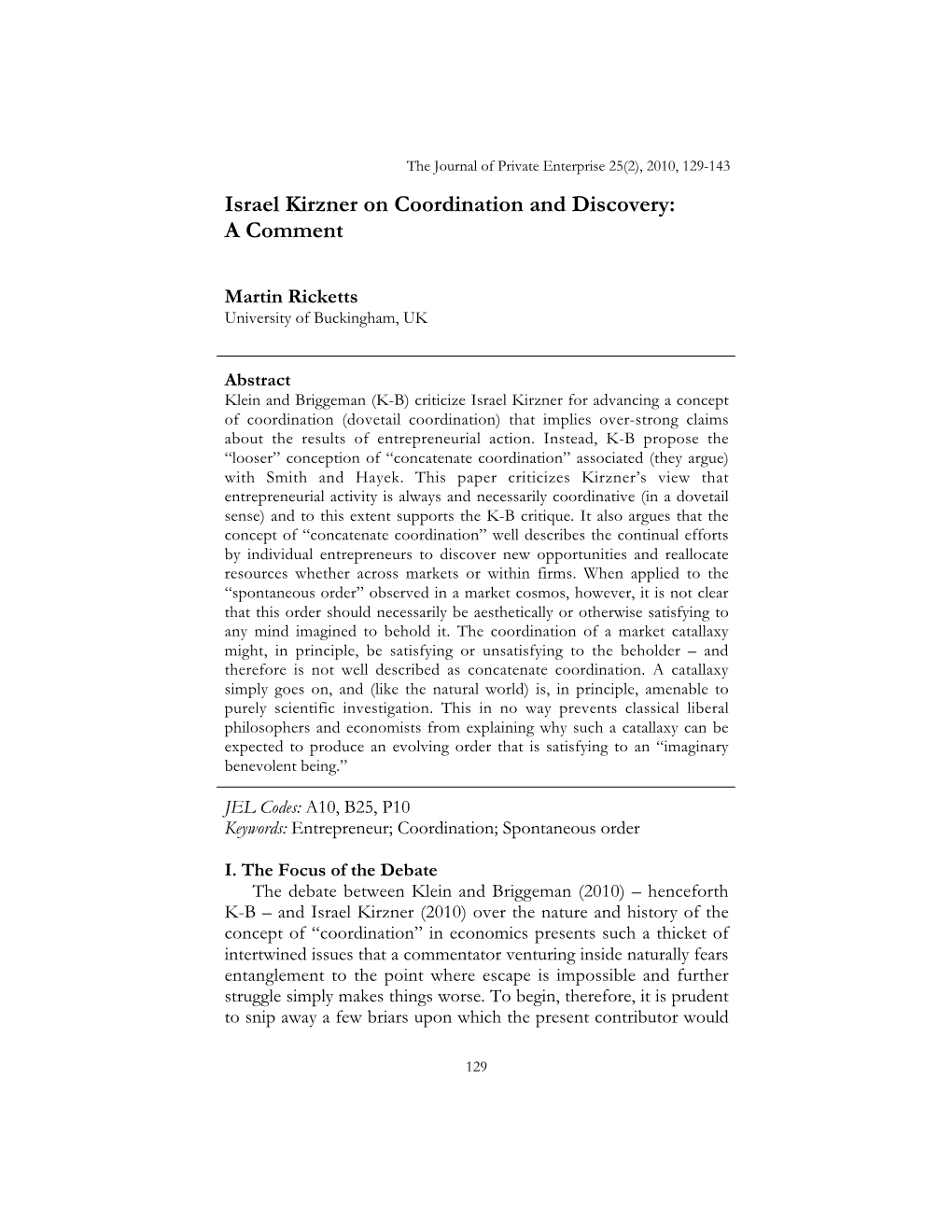 Israel Kirzner on Coordination and Discovery: a Comment