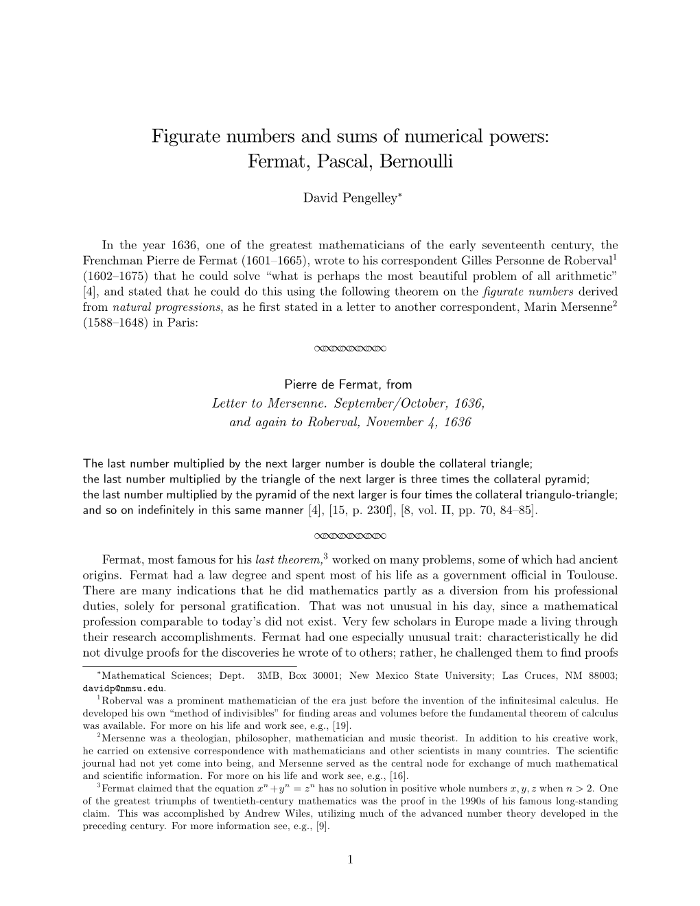 Figurate Numbers and Sums of Numerical Powers: Fermat, Pascal, Bernoulli