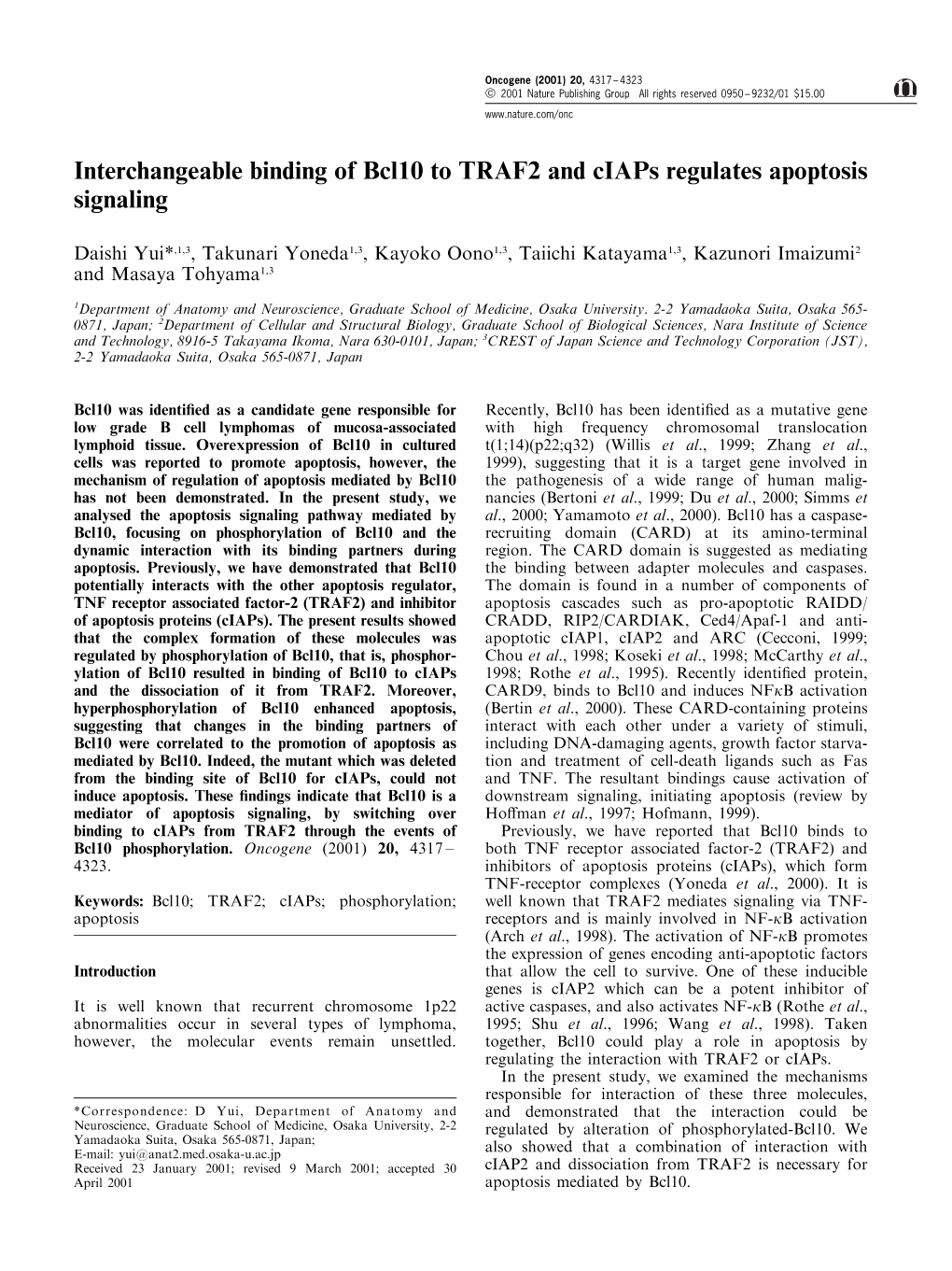 Interchangeable Binding of Bcl10 to TRAF2 and Ciaps Regulates Apoptosis Signaling
