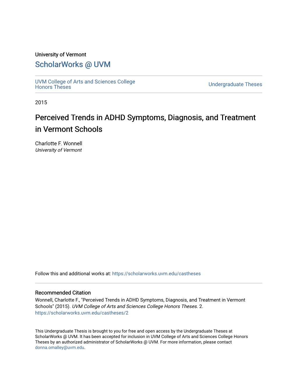 Perceived Trends in ADHD Symptoms, Diagnosis, and Treatment in Vermont Schools