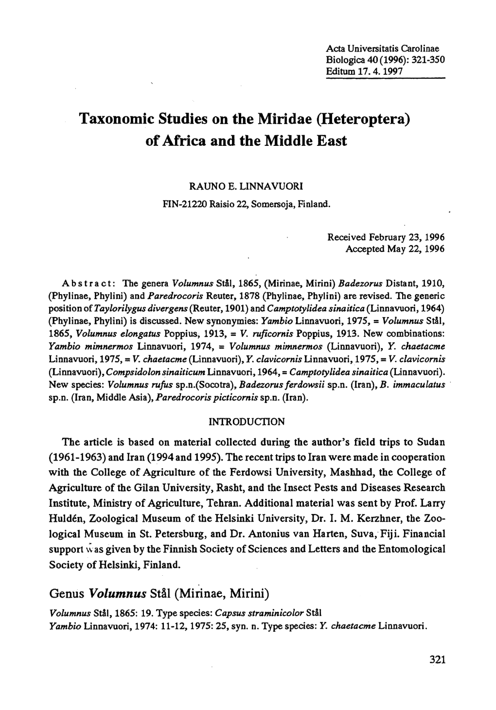 Taxonomic Studies on the Miridae (Heteroptera) Ofafrica and the Middle East