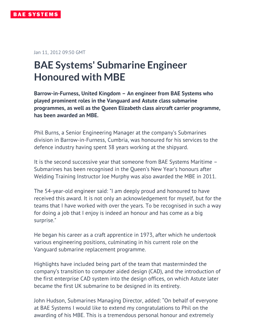 BAE Systems' Submarine Engineer Honoured with MBE