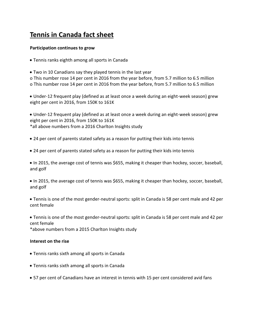 Tennis in Canada Fact Sheet