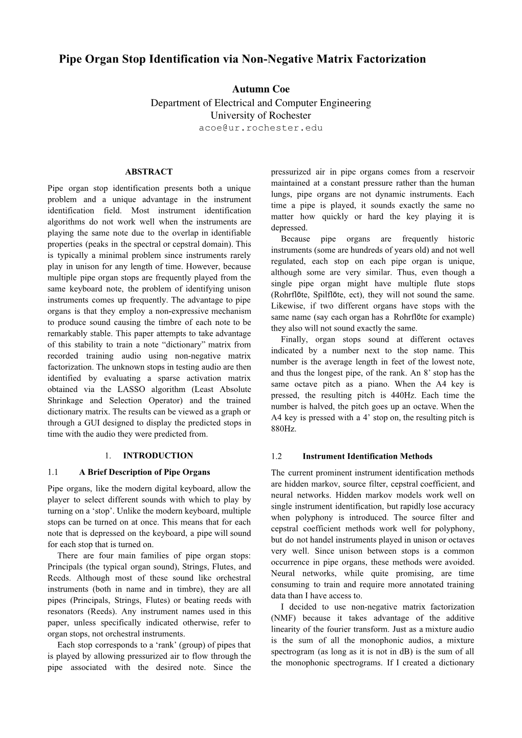 Pipe Organ Stop Identification Via Non-Negative Matrix Factorization