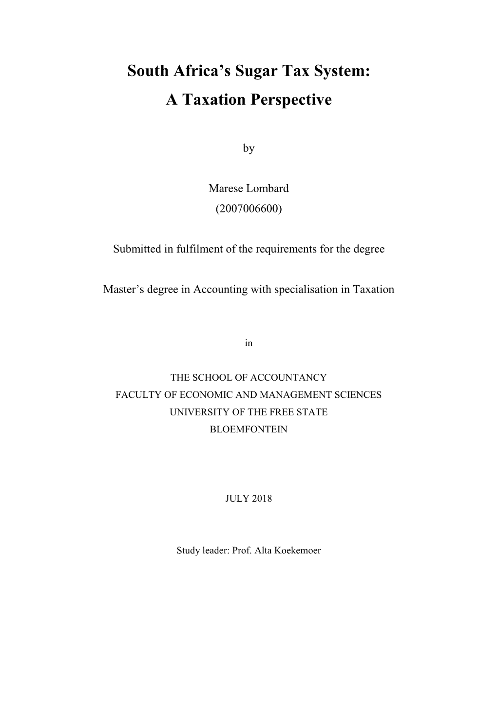 South Africa's Sugar Tax System: a Taxation Perspective