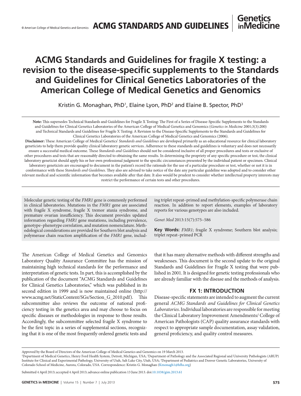 ACMG Standards and Guidelines for Fragile X Testing