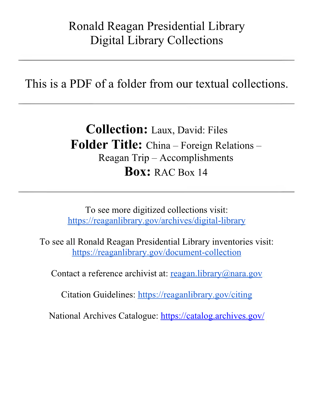 China – Foreign Relations – Reagan Trip – Accomplishments Box: RAC Box 14