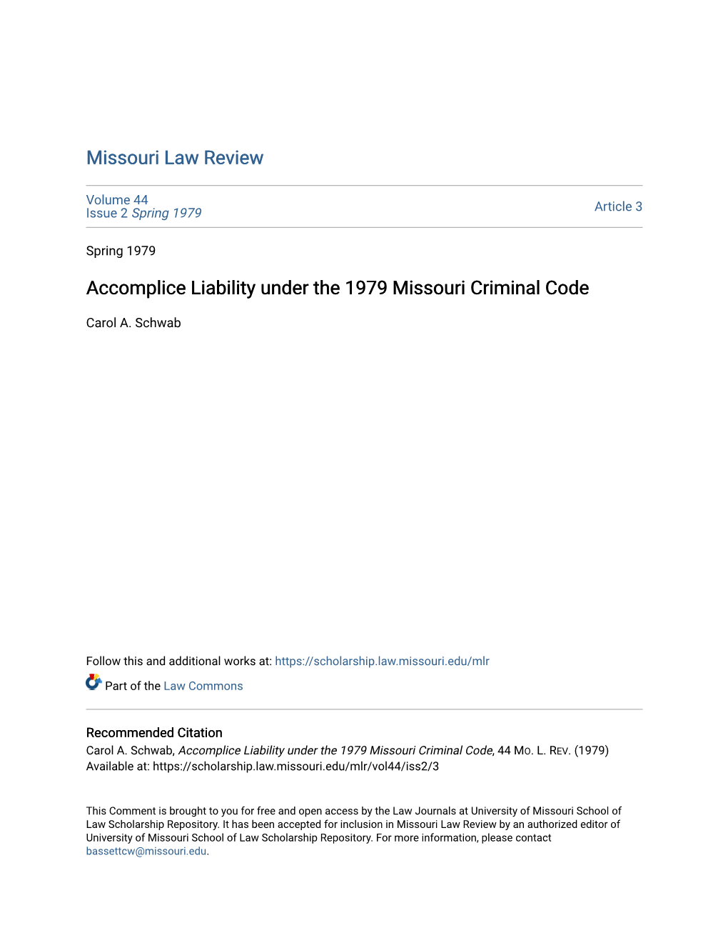 Accomplice Liability Under the 1979 Missouri Criminal Code