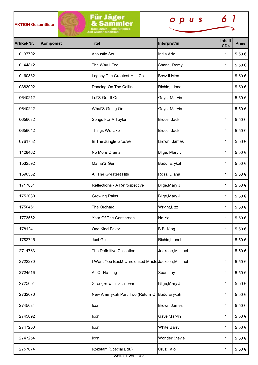 Artikel-Nr. Komponist Titel Interpret/In Inhalt Cds Preis 0137702 Acoustic