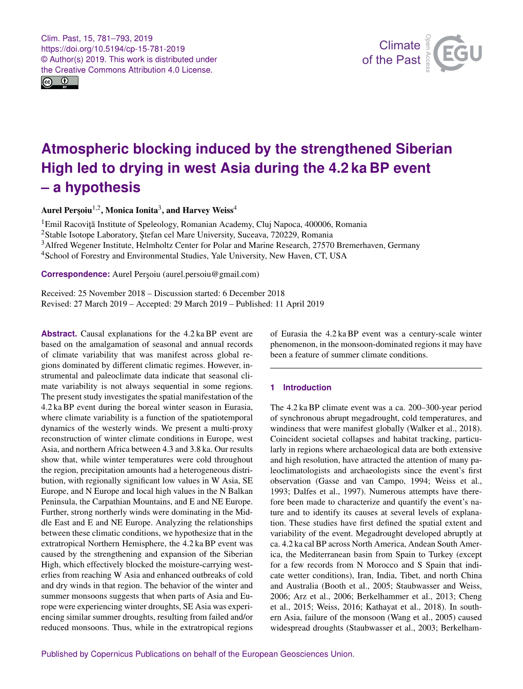 Atmospheric Blocking Induced by the Strengthened Siberian High Led to Drying in West Asia During the 4.2 Ka BP Event – a Hypothesis